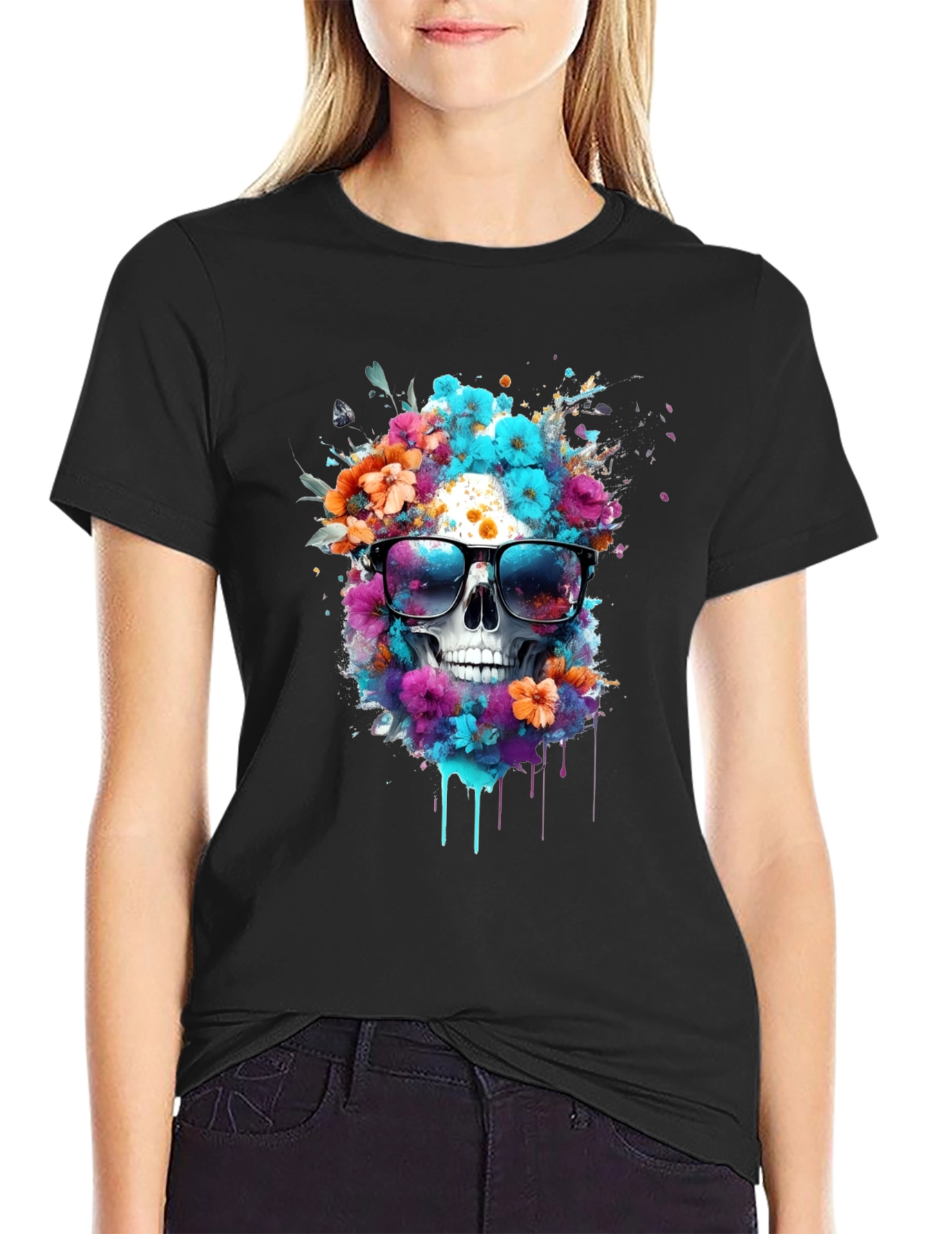 Black Floral Skull T-Shirt: Stylish & Unique Graphic Tee view 2