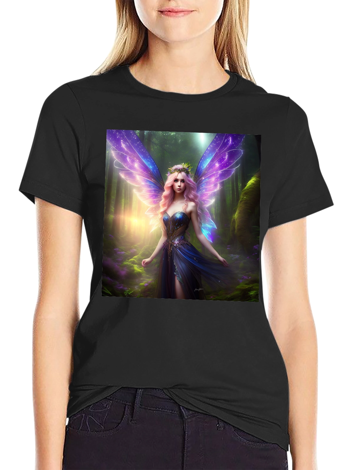 Black Fantasy Fairy Print Black Tee view 2