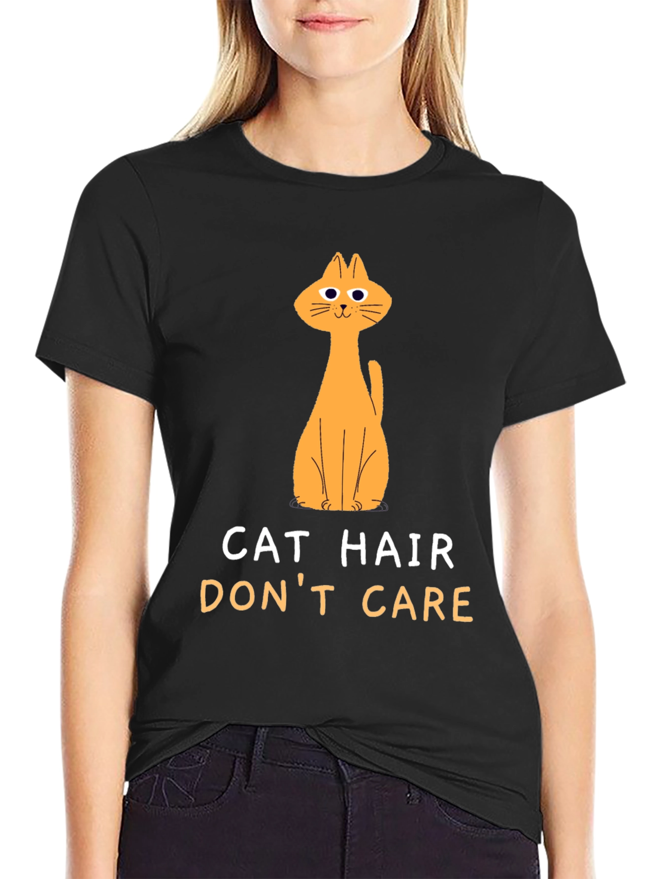 Black Cat Hair Don't Care Black T-Shirt view 2