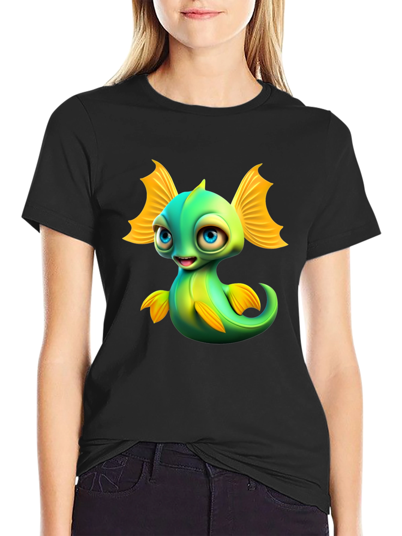 Black Cute Cartoon Fish Graphic T-Shirt - Fun & Unique Design view 2