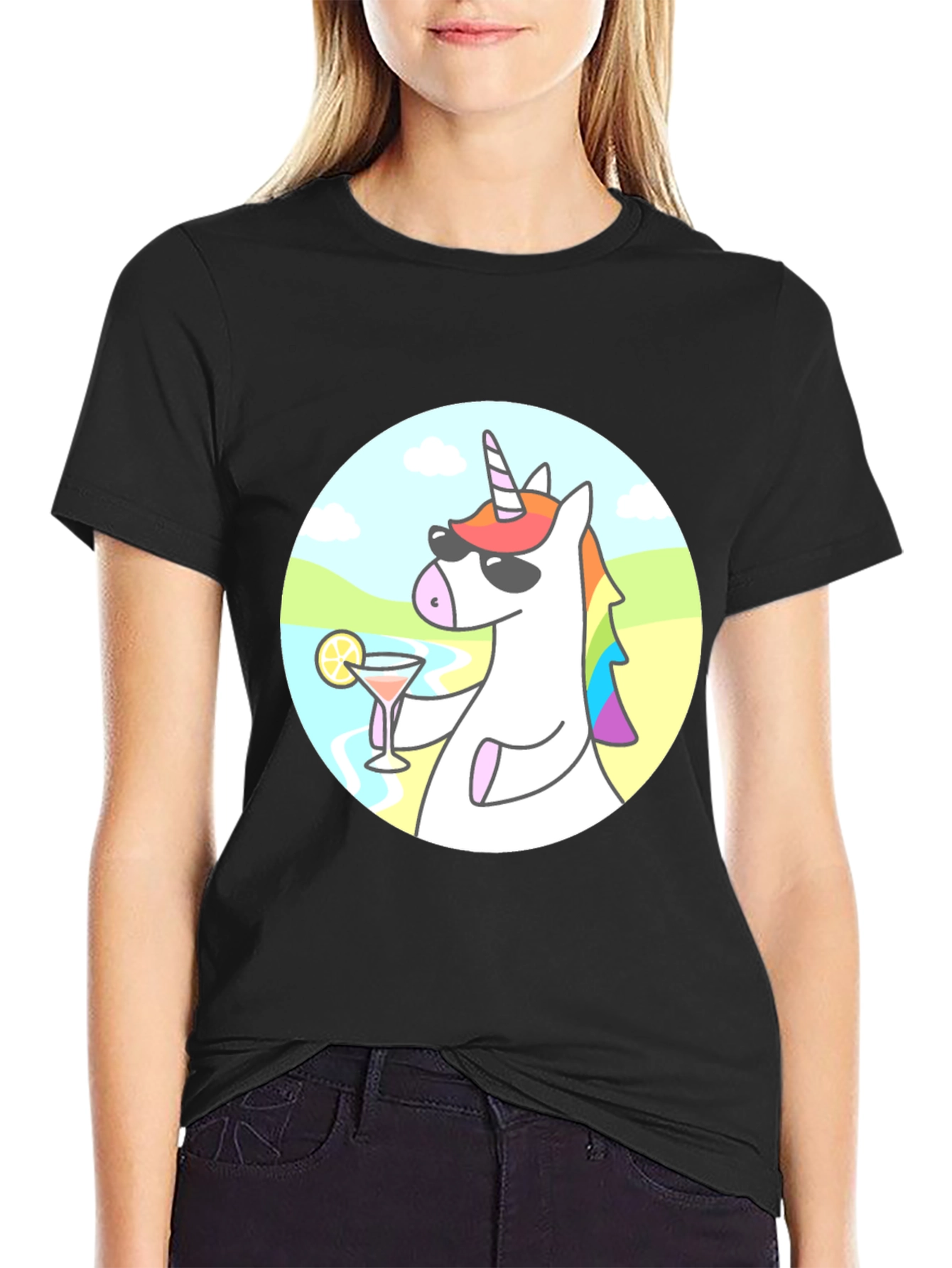 Black Cool Unicorn Cocktail T-Shirt - Black Cotton Graphic Tee view 2