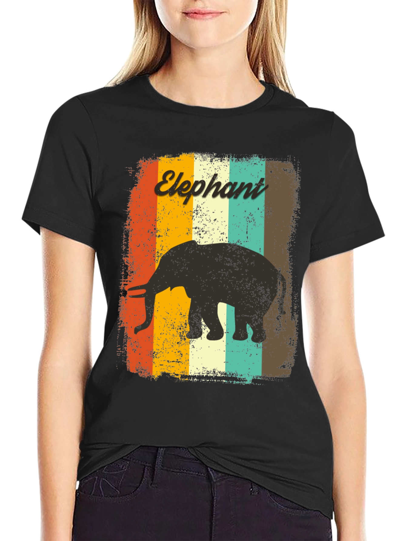 Black Retro Elephant Graphic T-Shirt view 2