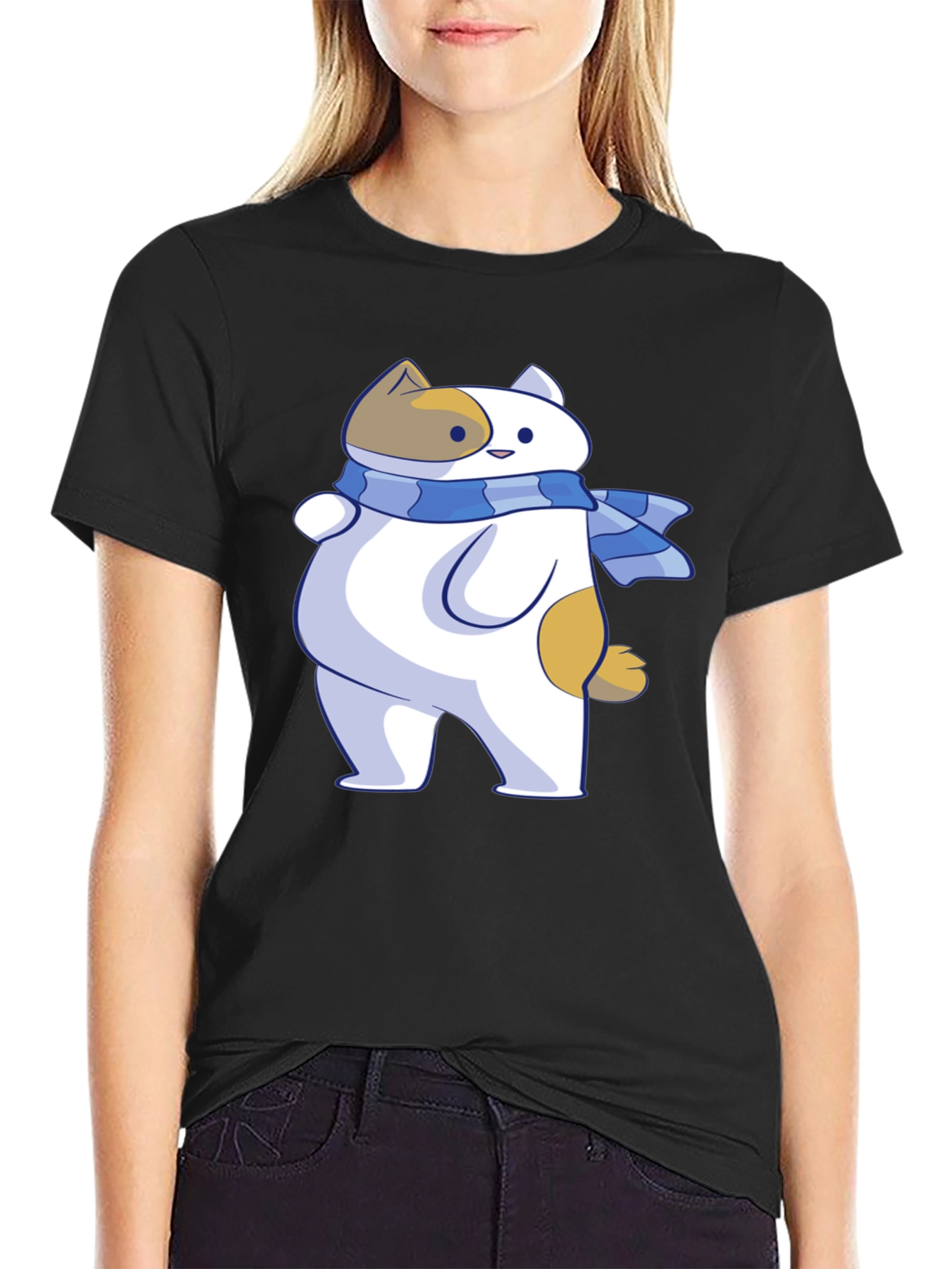 Black Cartoon Cat T-Shirt - Unisex Black Tee view 2