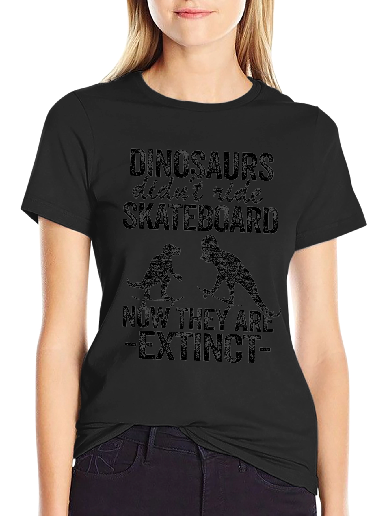 Black Dinosaurs Skateboarding Extinct T-Shirt view 2