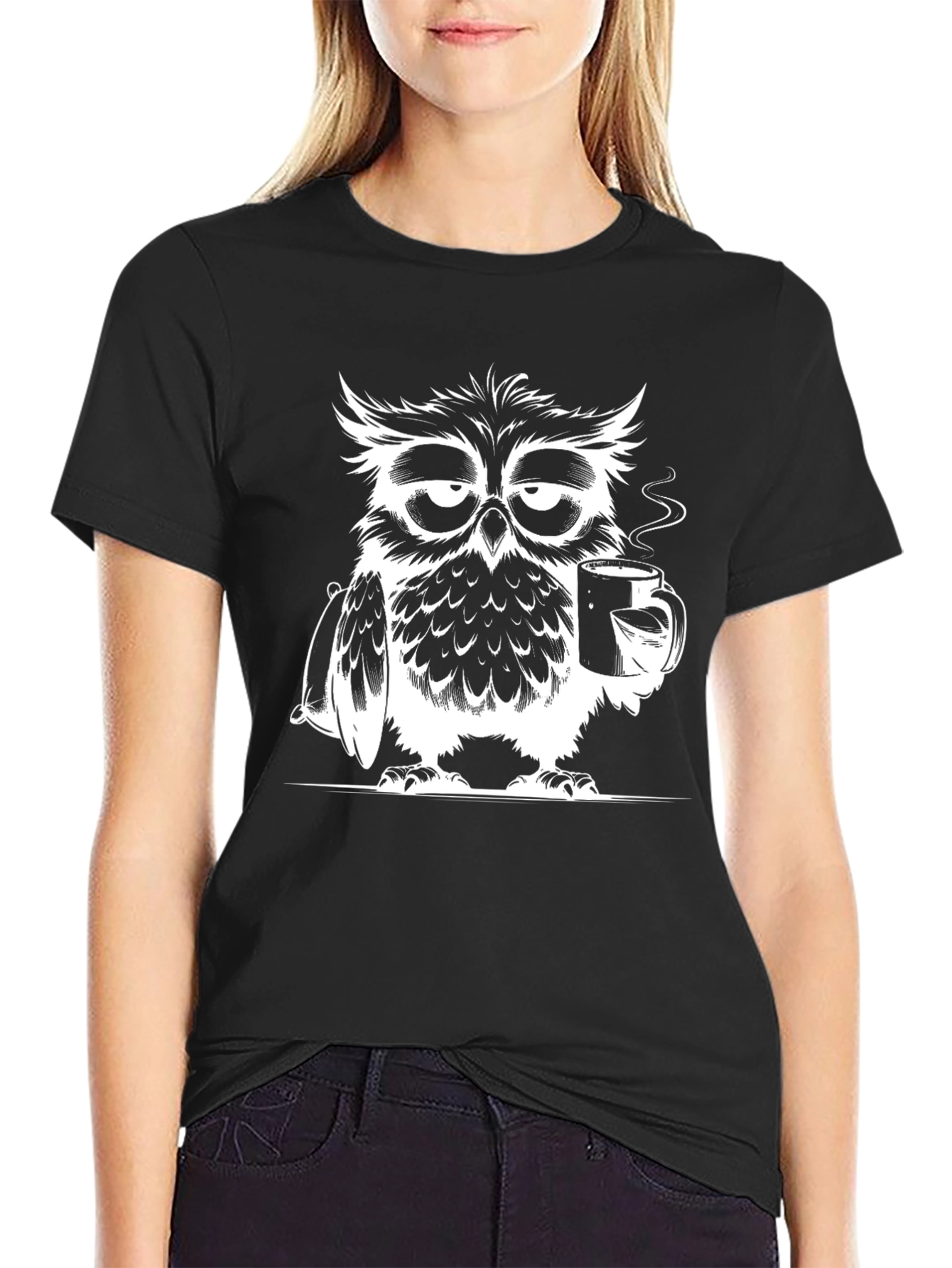 Black Sleepy Owl Coffee Lover Graphic T-Shirt view 2
