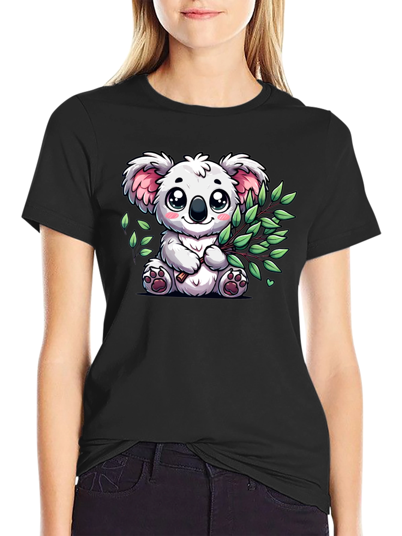 Black Cute Koala Bear Graphic Tee - Black Cotton T-Shirt view 2
