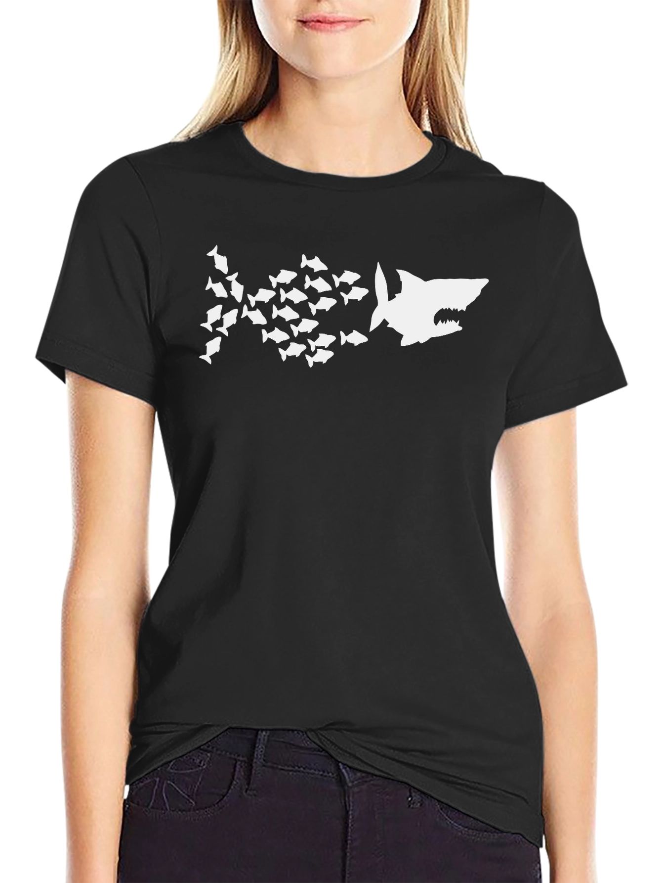 Black Shark Attack Tee: Fish School Graphic Black T-Shirt view 2