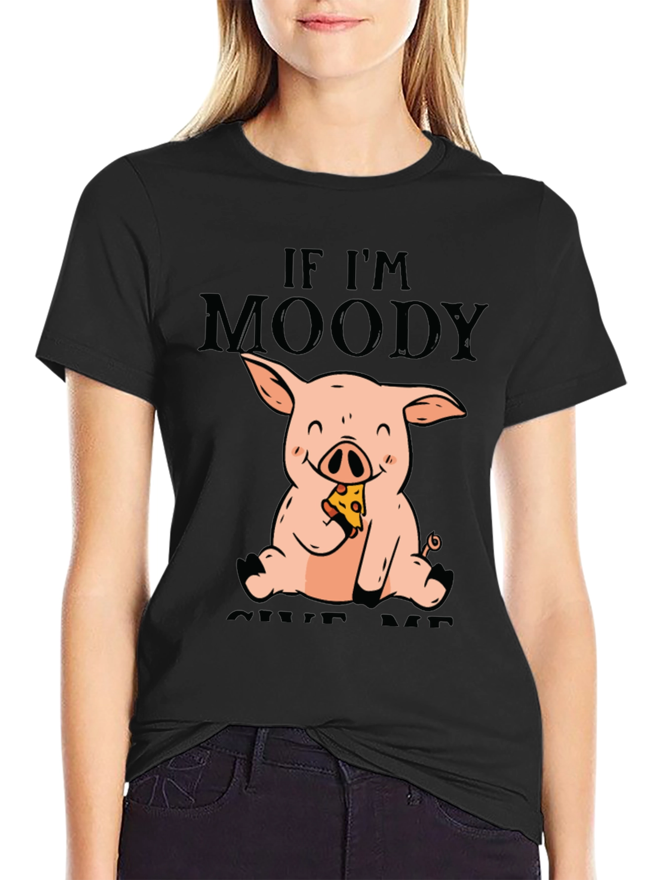 Black Moody Pig Pizza T-Shirt - Funny Graphic Tee view 2
