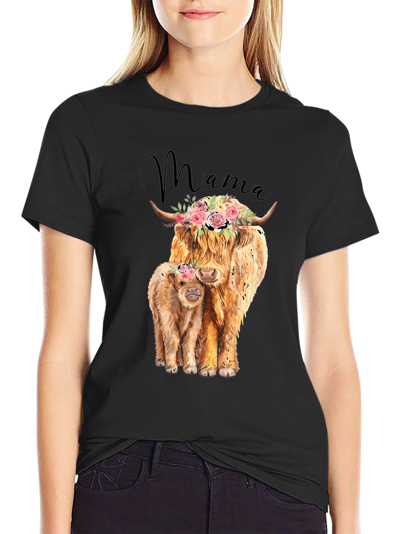 Black Mama Highland Cow T-Shirt: Floral Crowned Cow & Calf Tee view 2