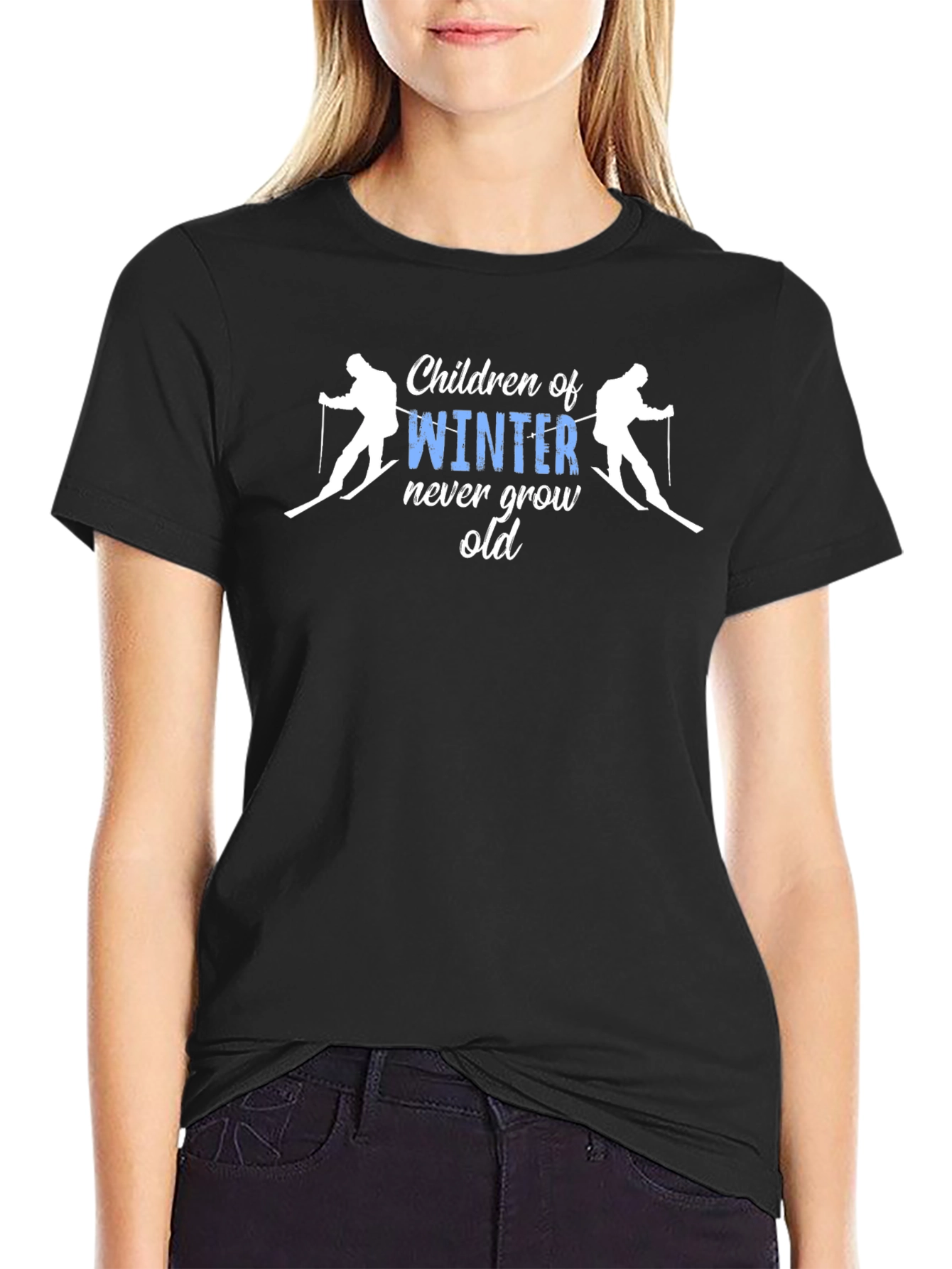Black Winter Skiing T-Shirt - Children of Winter Never Grow Old view 2