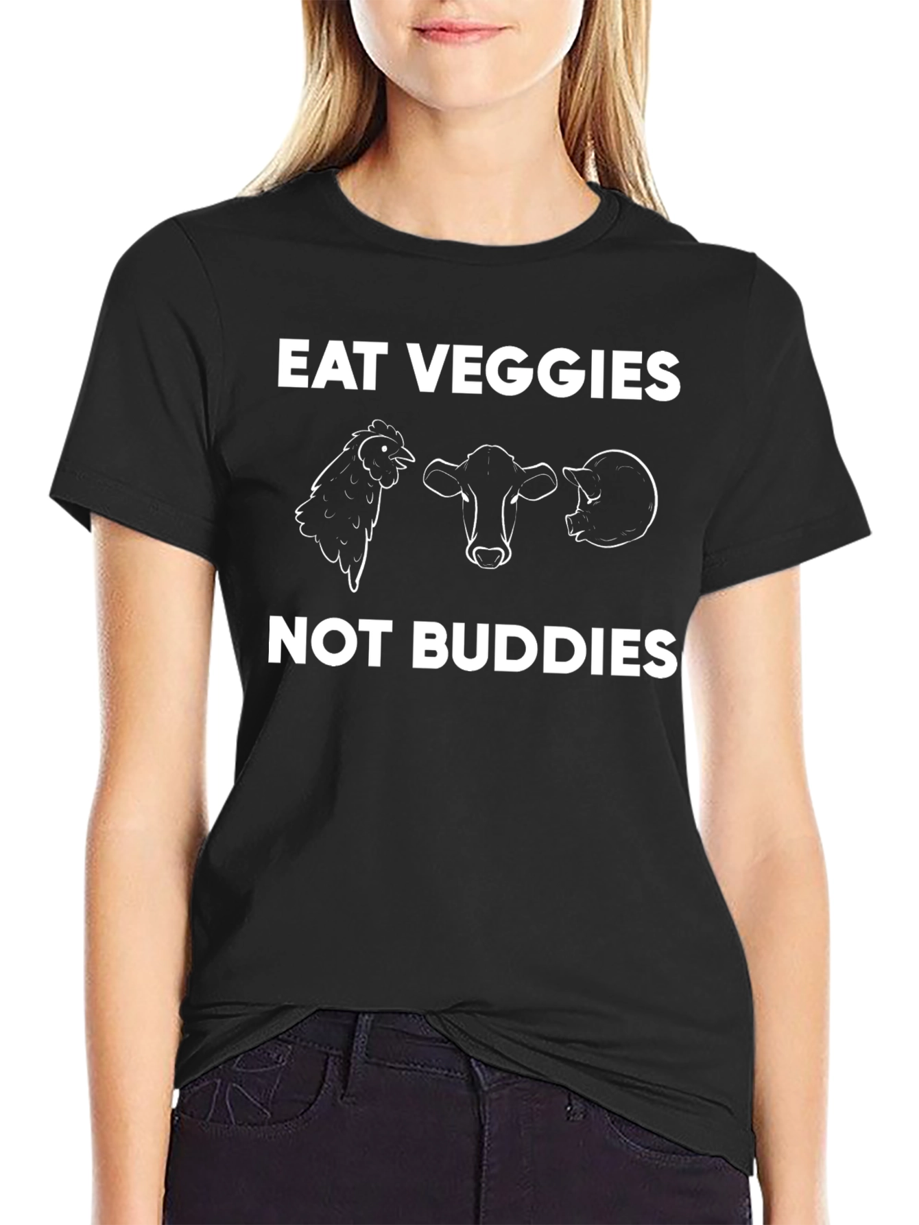 Black Eat Veggies Not Buddies Black Vegan T-Shirt view 2