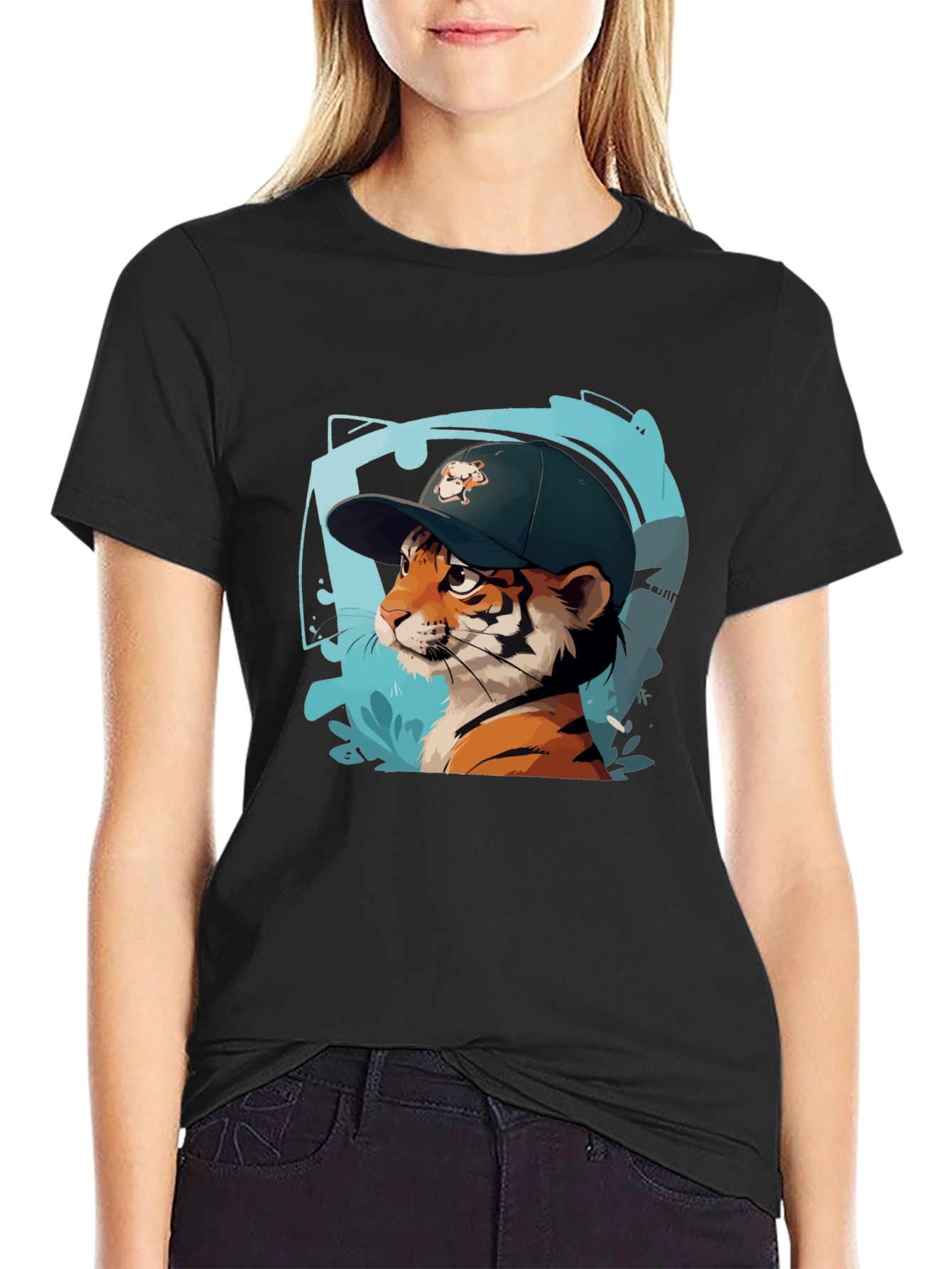 Black Cool Cat Tee - Tiger in a Hat Graphic Print Shirt view 2
