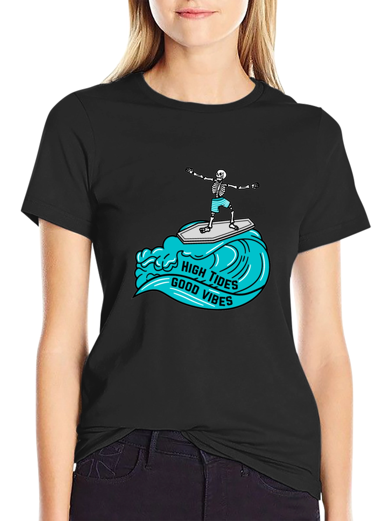 Black High Tides Good Vibes Skeleton Surfing Tee view 2