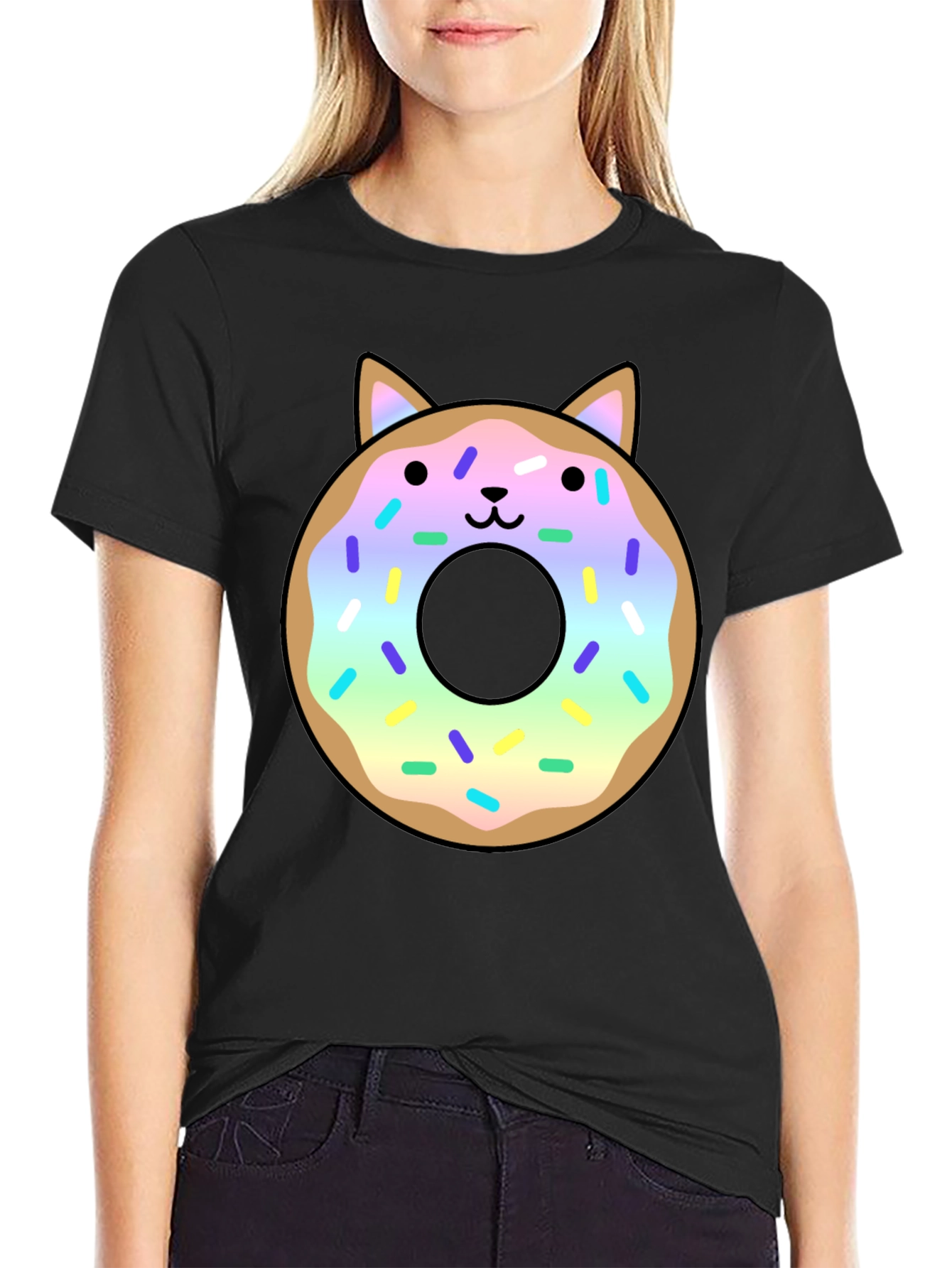 Black Cute Cat Donut Graphic Tee - Black Unisex T-Shirt view 2