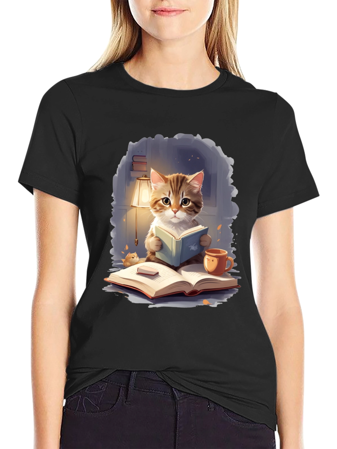 Black Cat Reading Book T-Shirt view 2