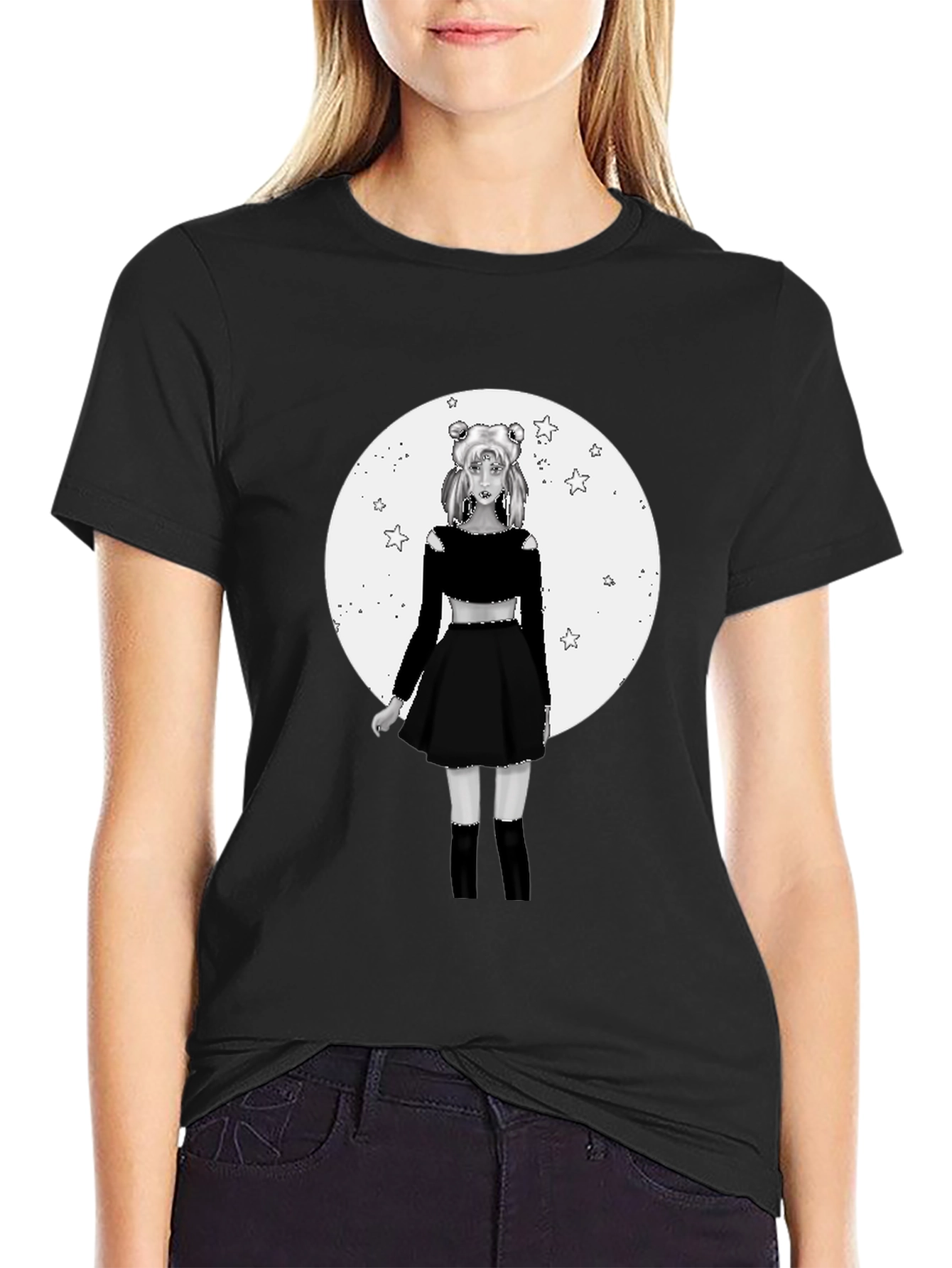 Black Anime Girl Moon Graphic Black T-Shirt view 2