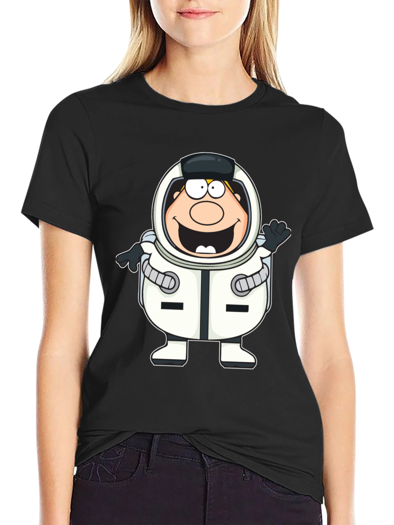 Black Cartoon Astronaut Black T-Shirt view 2