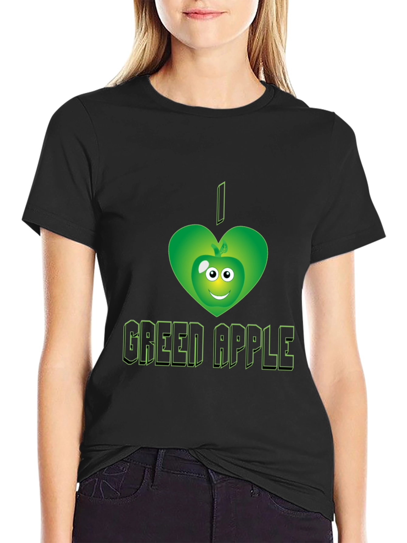Black I Love Green Apple Graphic Tee - Trendy Casual Shirt view 2
