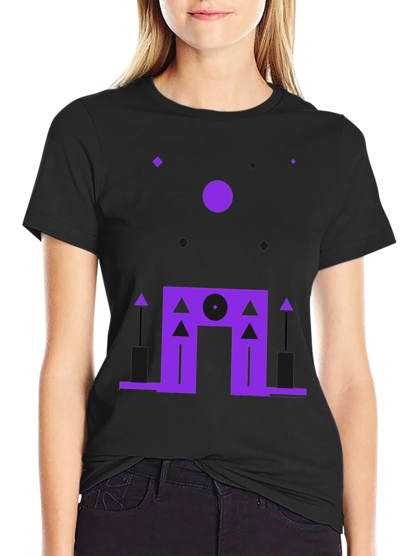 Black Geometric Purple Design Black T-Shirt view 2
