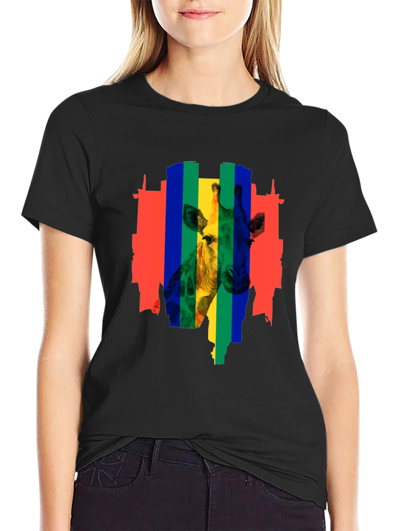 Black Rainbow Giraffe Graphic Tee - Men's Black T-Shirt view 2
