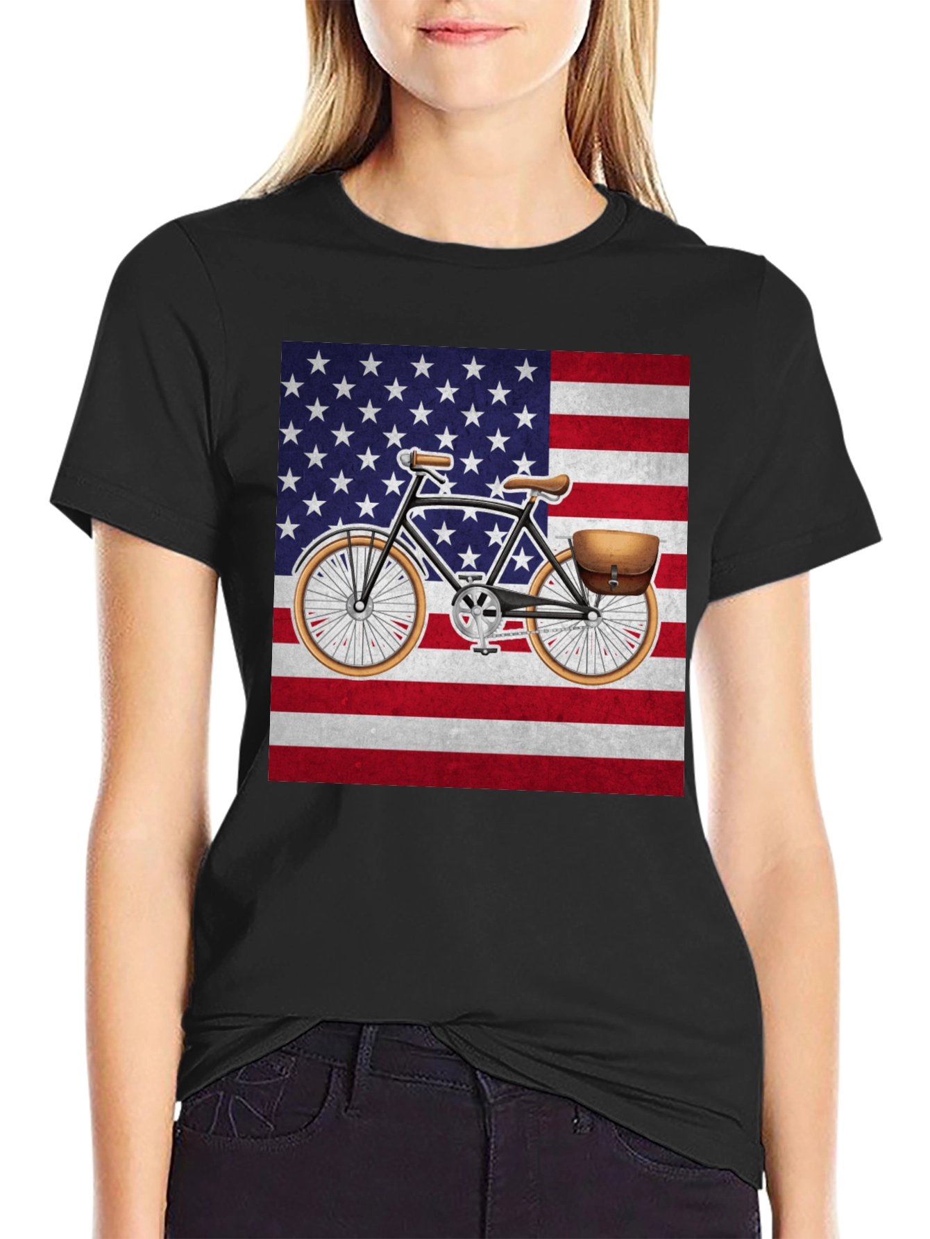 Black Vintage Bicycle American Flag T-Shirt view 2