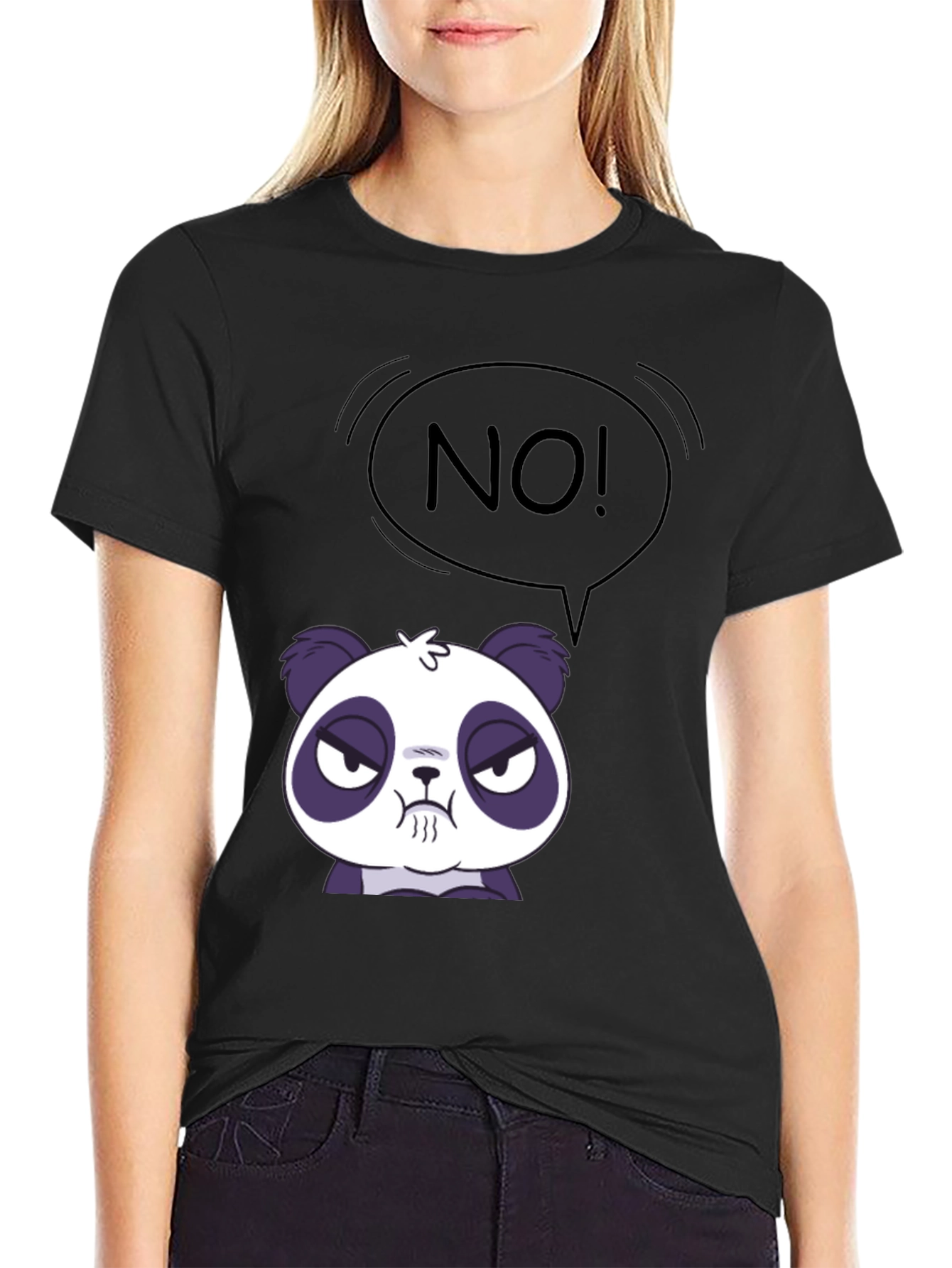 Black Funny Panda No T-Shirt - Black Crew Neck view 2