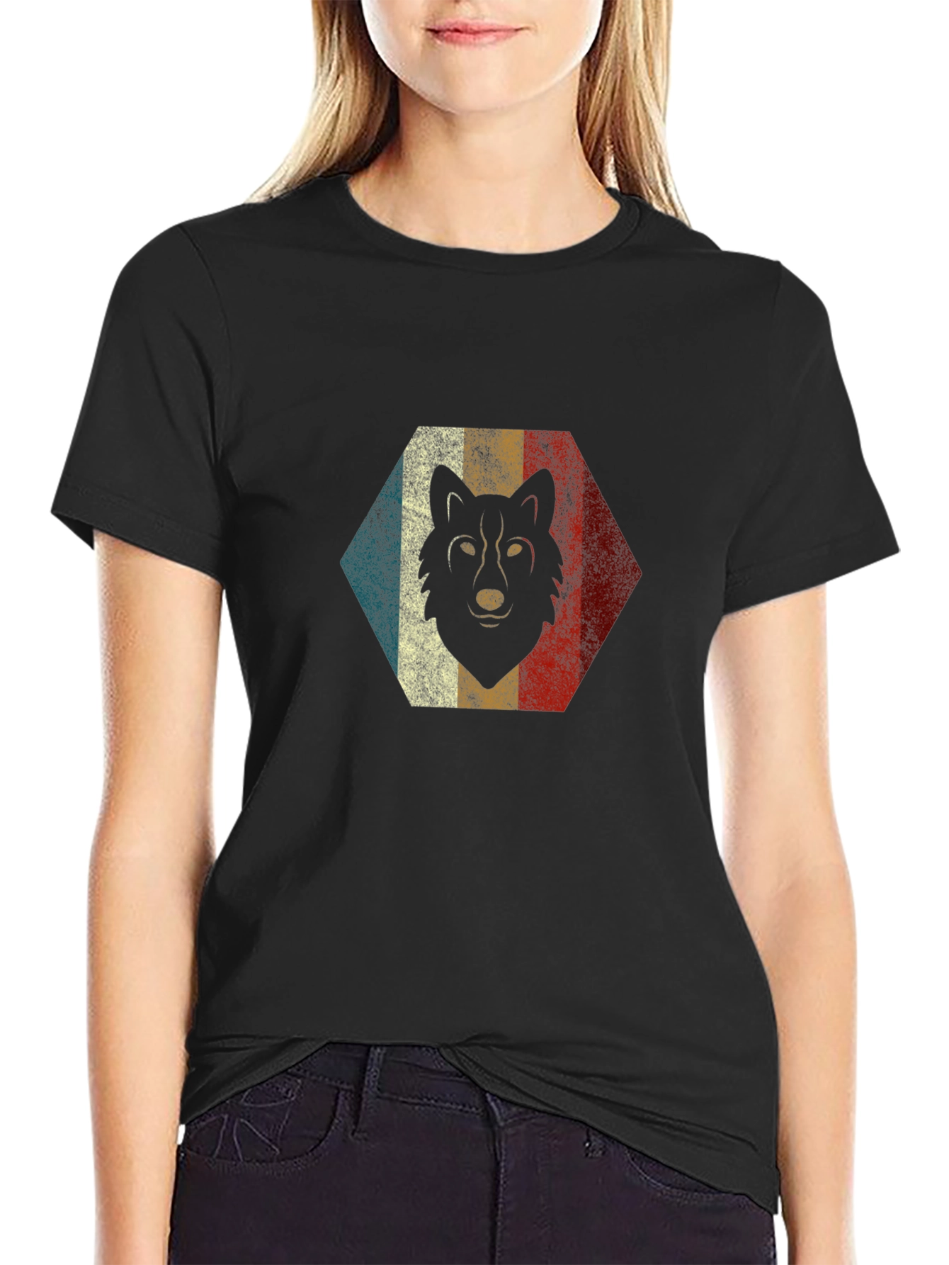 Black Retro Wolf Graphic Tee - Black Cotton Blend T-Shirt view 2