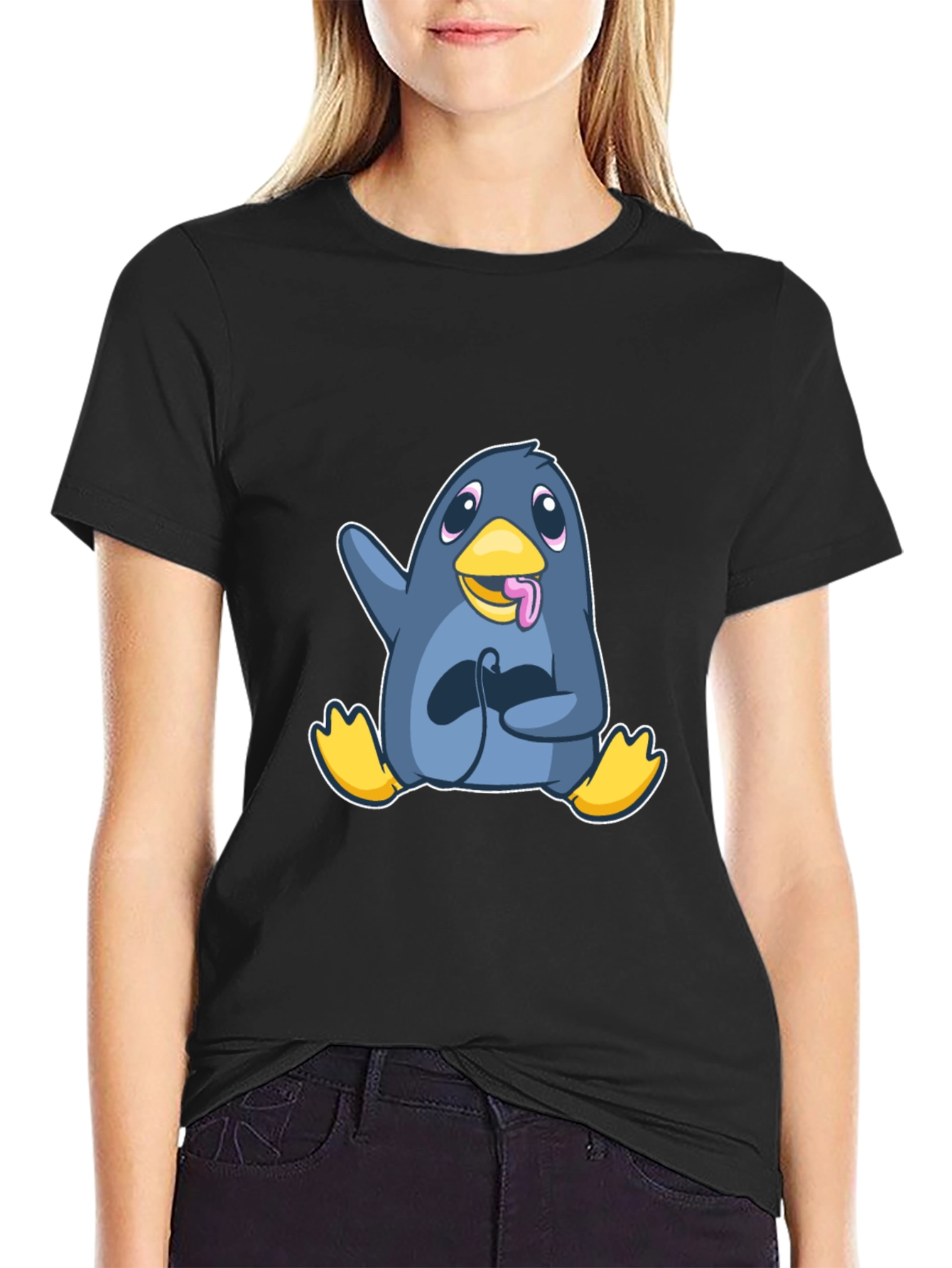 Black Gamer Penguin Black T-Shirt - Playful Cartoon Design view 2