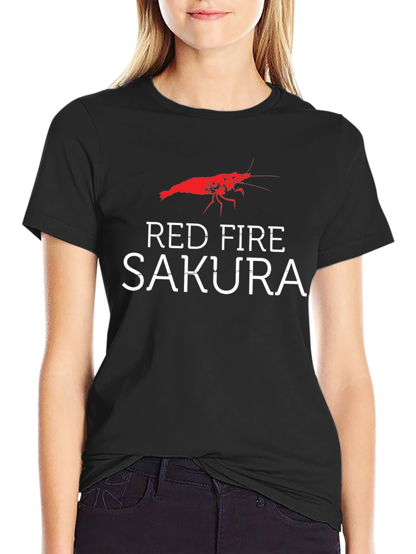 Black Red Fire Sakura Shrimp Graphic T-Shirt view 2