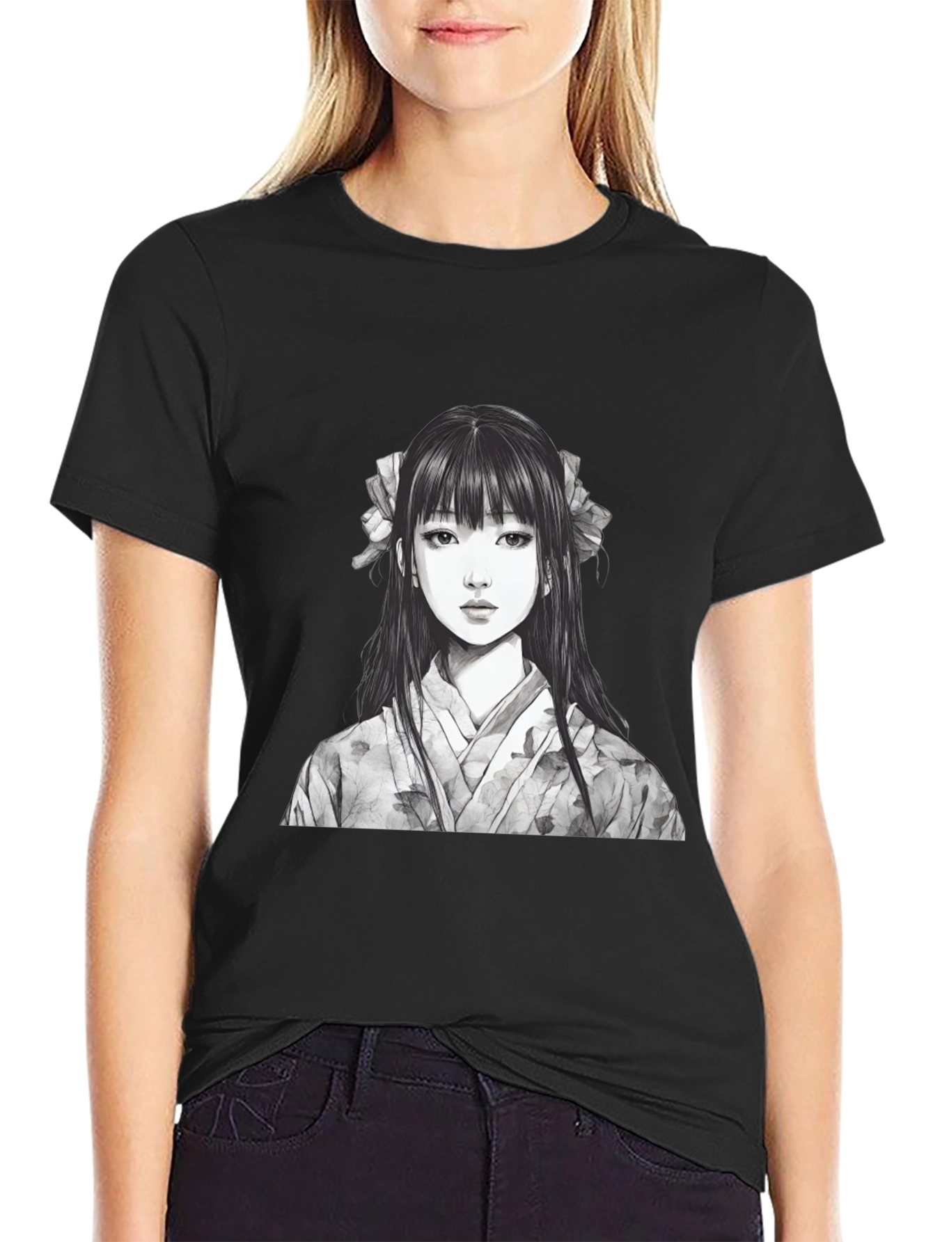 Black Anime Girl Graphic Black T-Shirt view 2