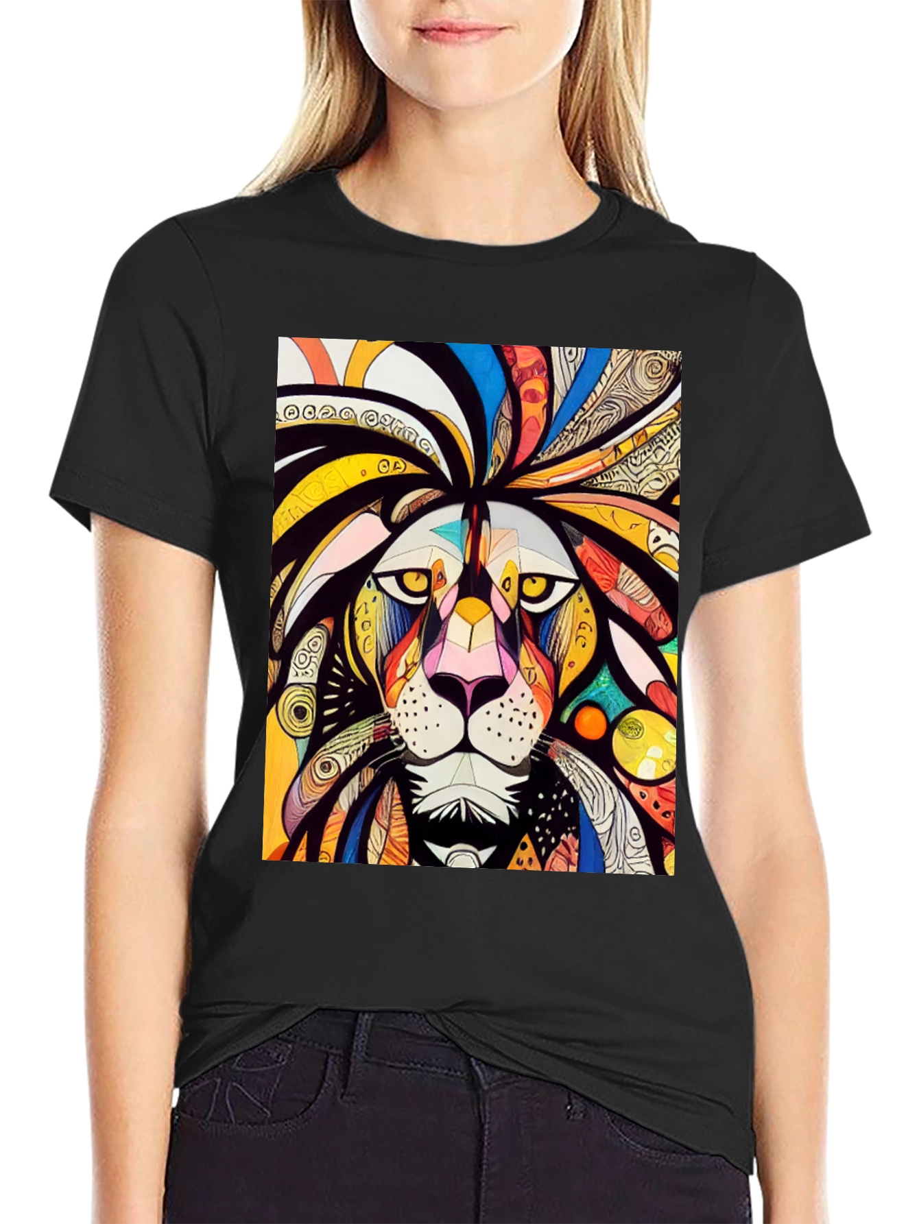 Black Lion Art Graphic Tee - Bold & Colorful view 2