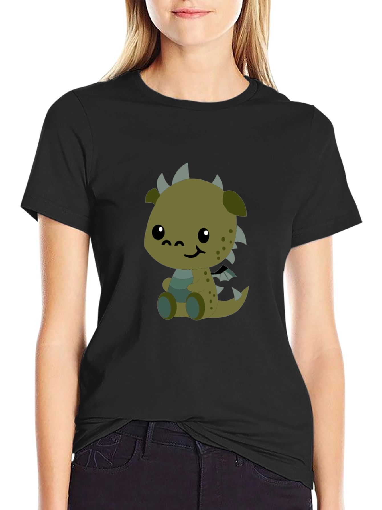 Black Cute Cartoon Dragon Graphic Black T-Shirt view 2