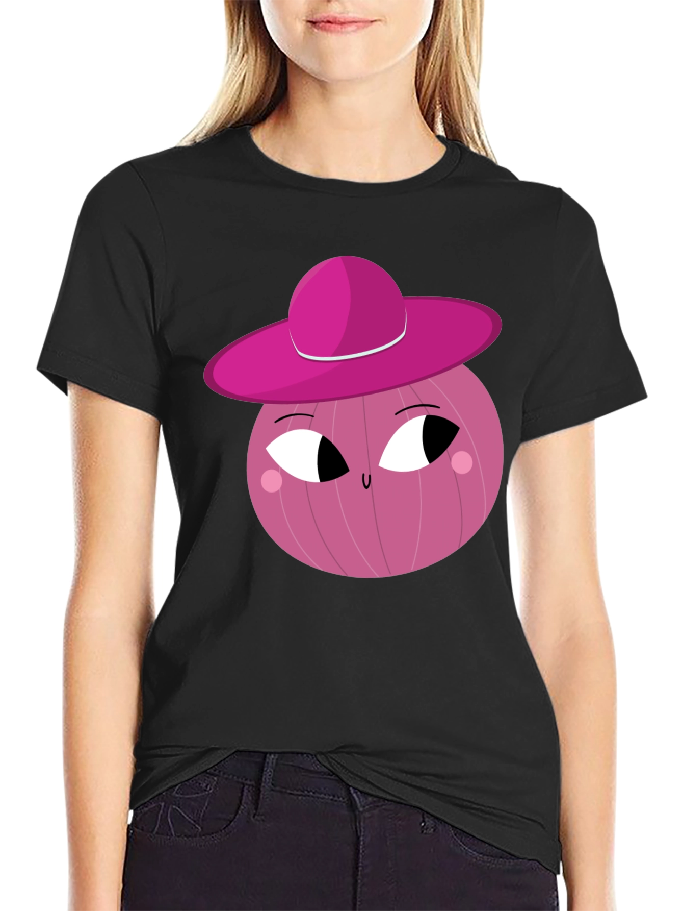 Black Whimsical Pink Onion Character Graphic T-Shirt view 2