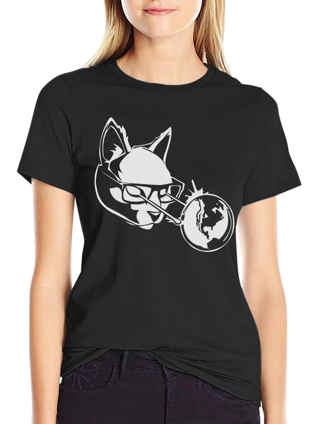 Black Cool Cat Globe Graphic Black T-Shirt view 2