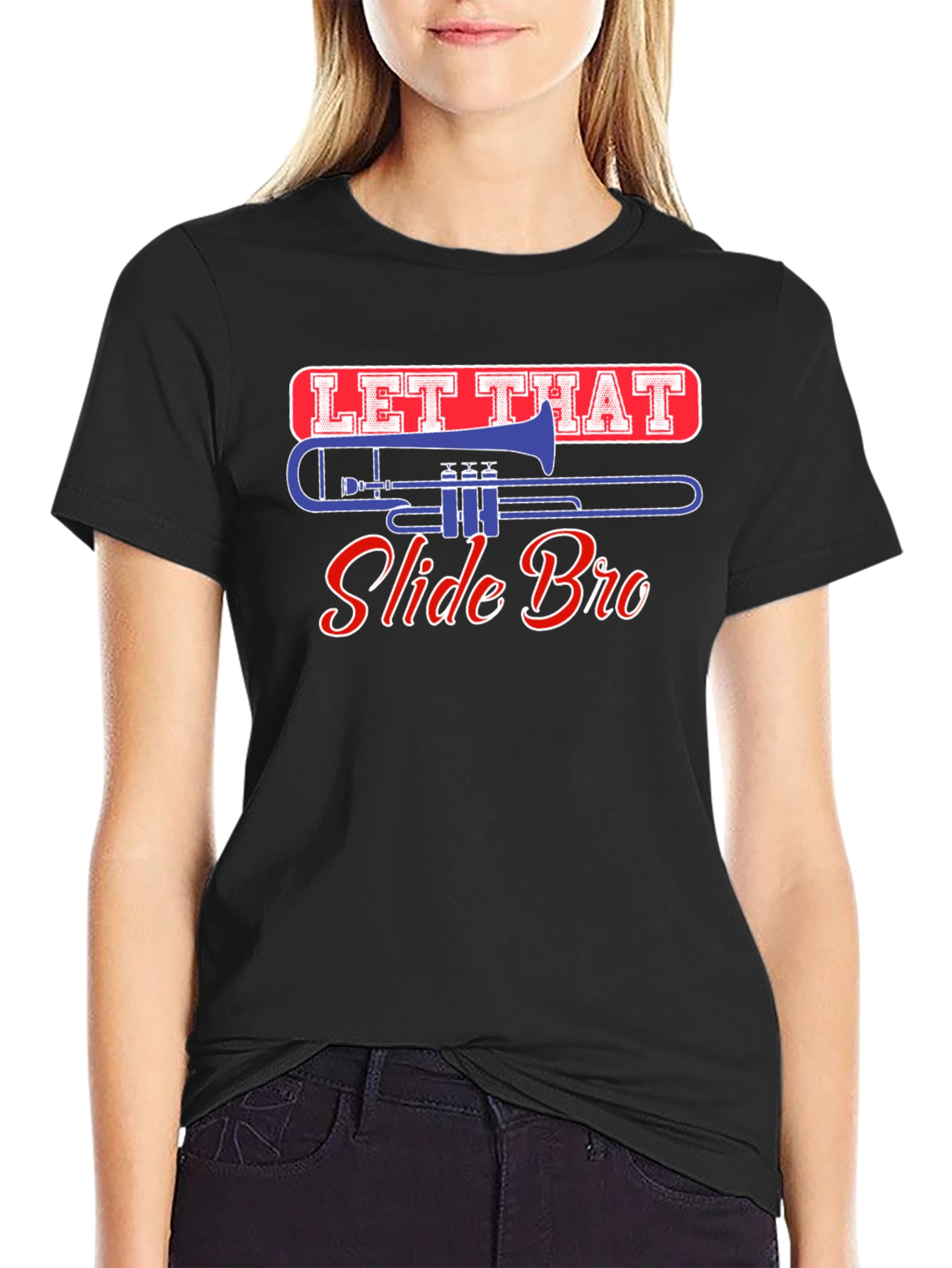 Black Let That Slide Bro Trombone T-Shirt view 2