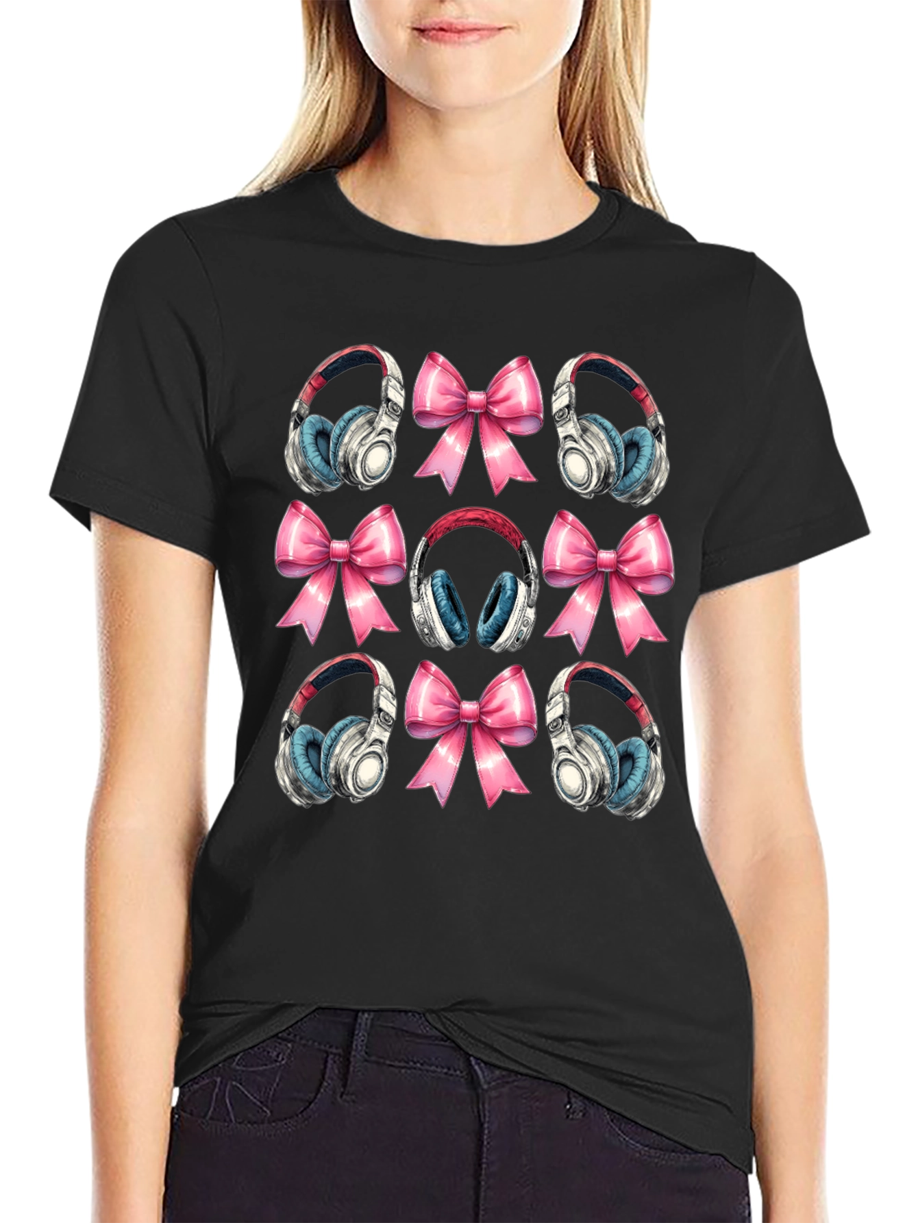 Black Headphones and Bows Pattern T-Shirt view 2