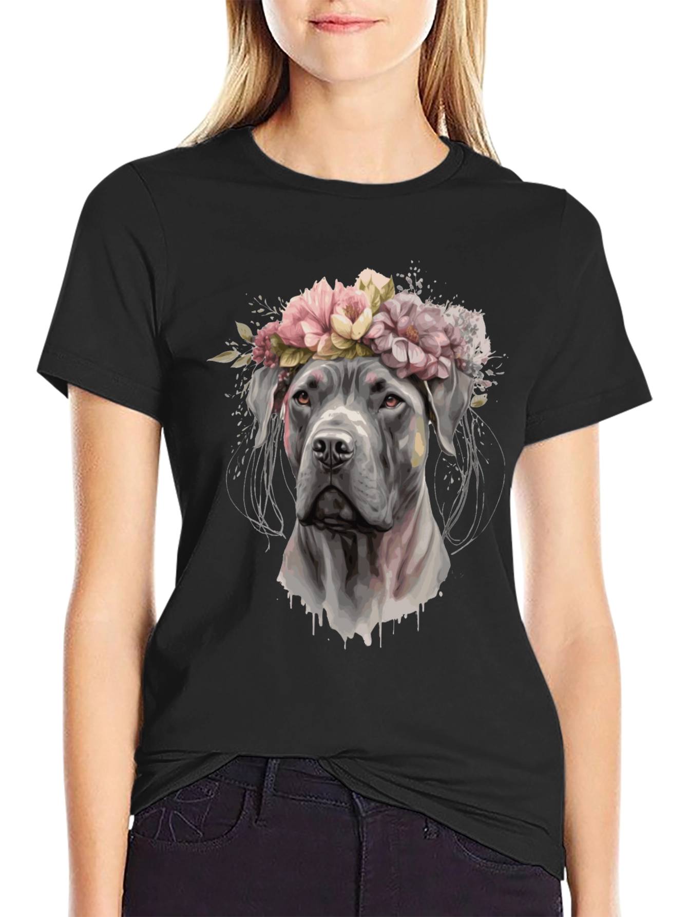 Black Dog with Flower Crown Black T-Shirt view 2