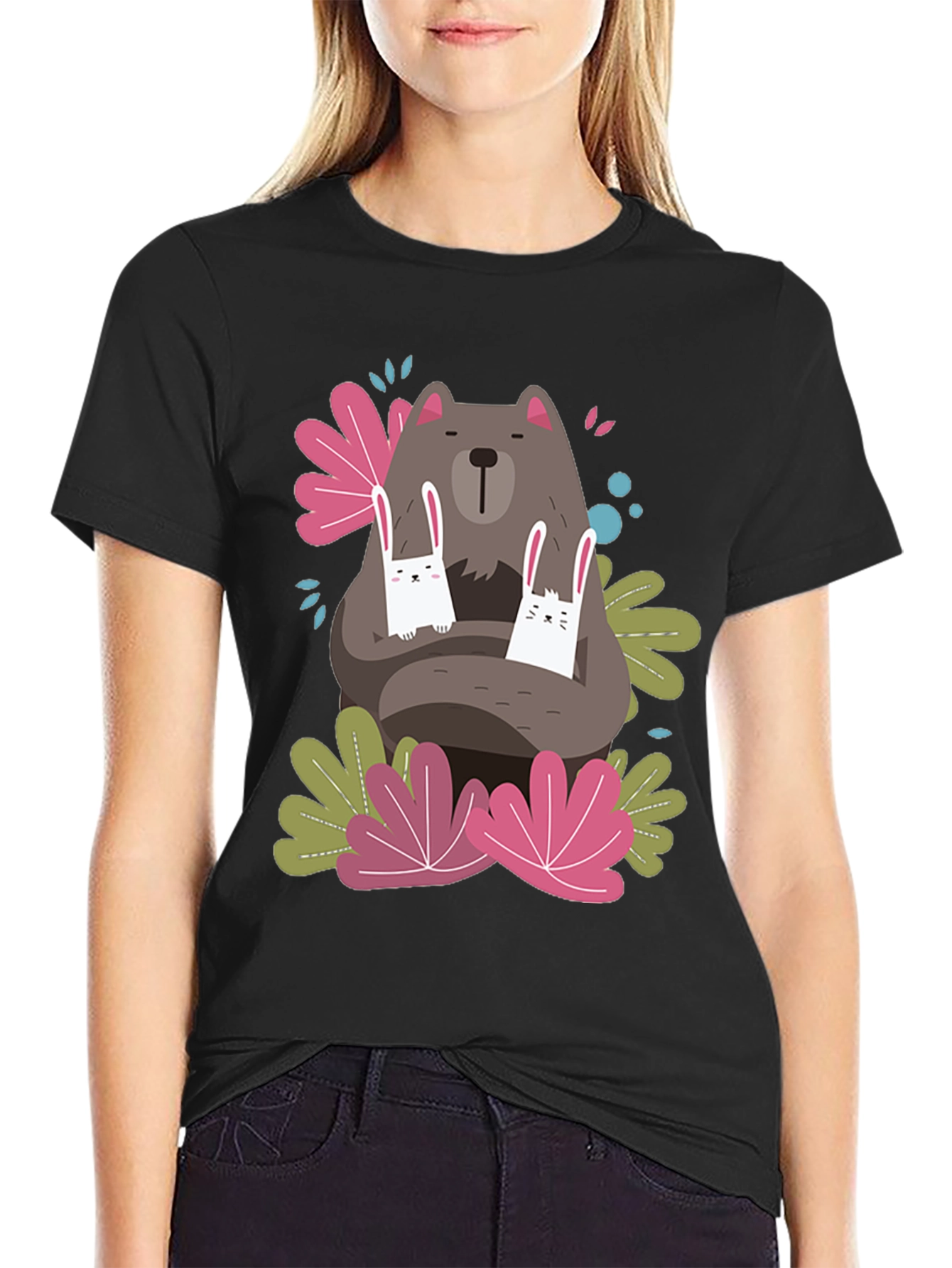 Black Bear and Bunny Graphic T-Shirt view 2