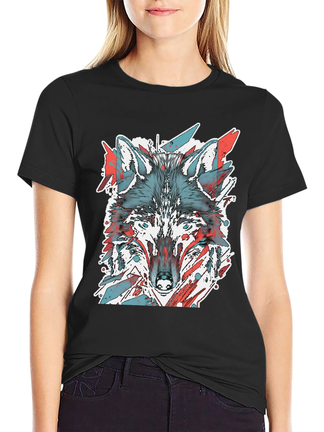 Black Wolf Graphic Tee - Cool Animal Print Shirt view 2
