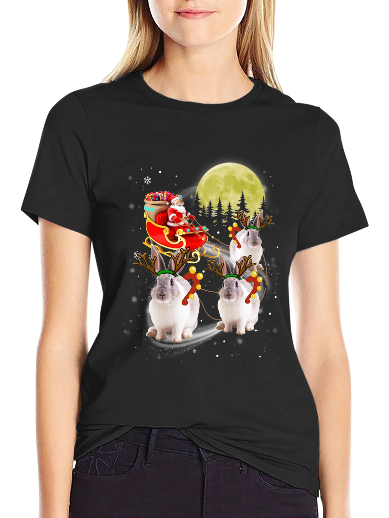 Black Christmas Bunny Reindeer T-Shirt view 2