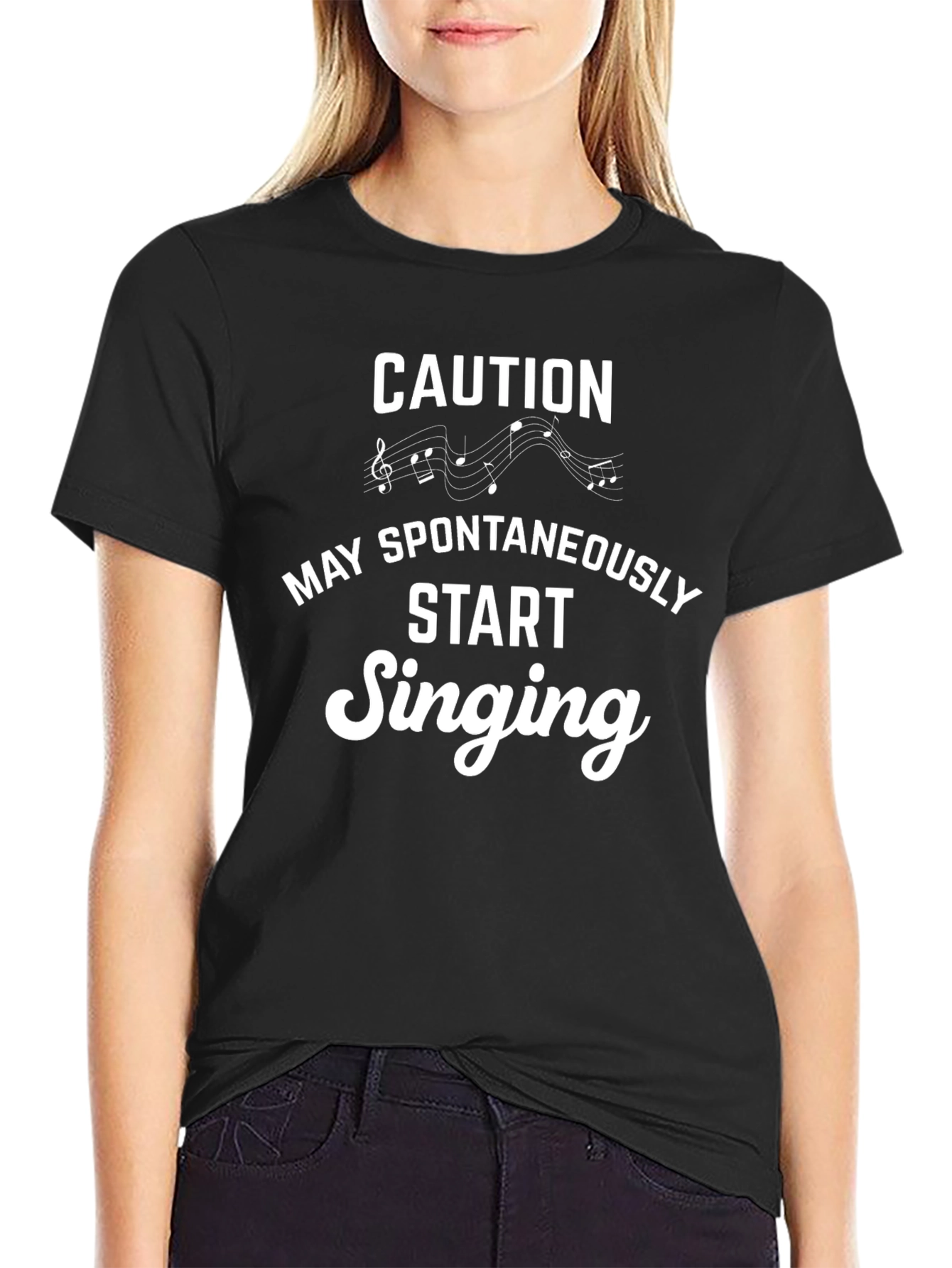 Black Caution May Spontaneously Start Singing Black T-Shirt view 2