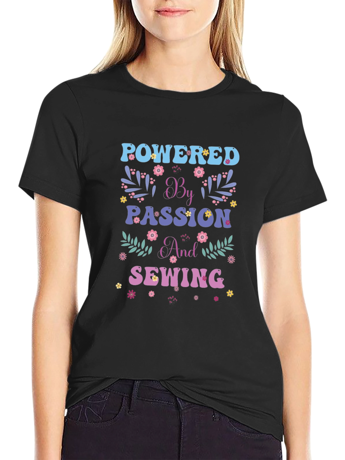 Black Powered by Passion and Sewing Graphic T-Shirt view 2