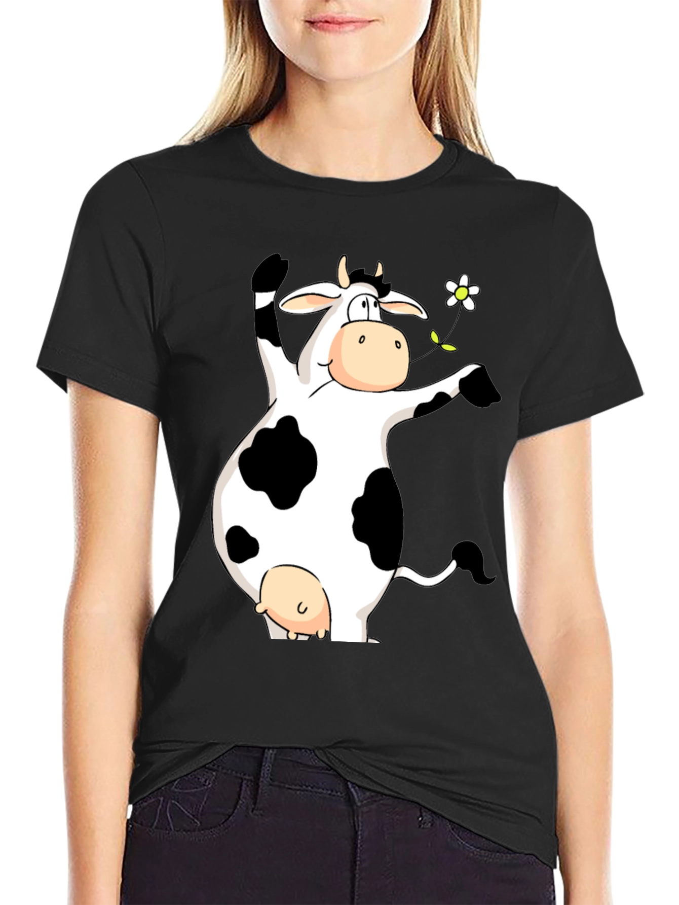 Black Funny Cow Graphic Print Black T-Shirt view 2