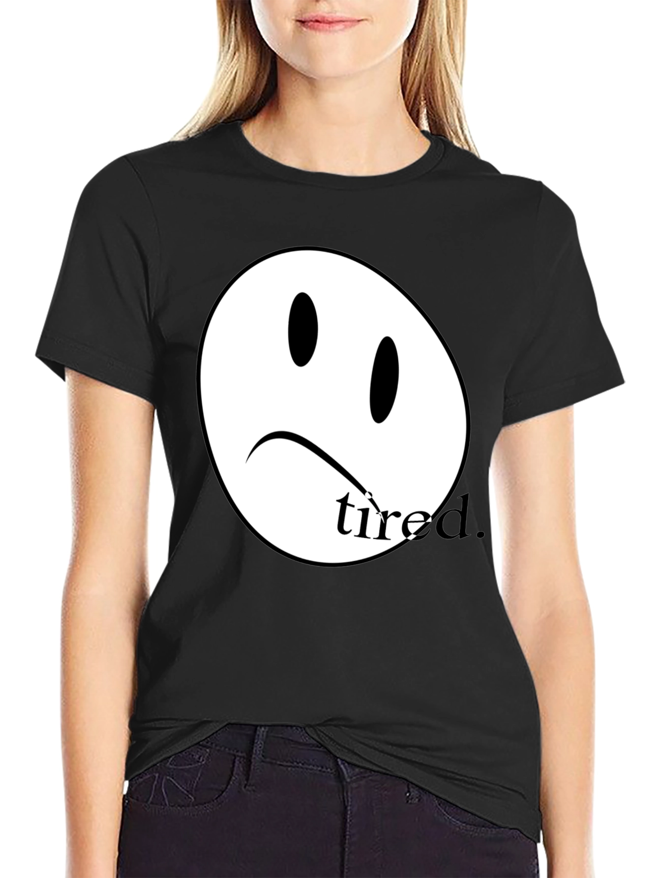 Black Sad Face Tired T-Shirt - Unisex Cotton Tee view 2