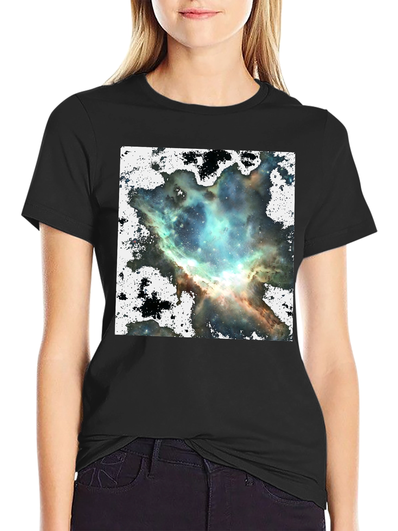 Black Nebula Print Black Crewneck T-Shirt view 2