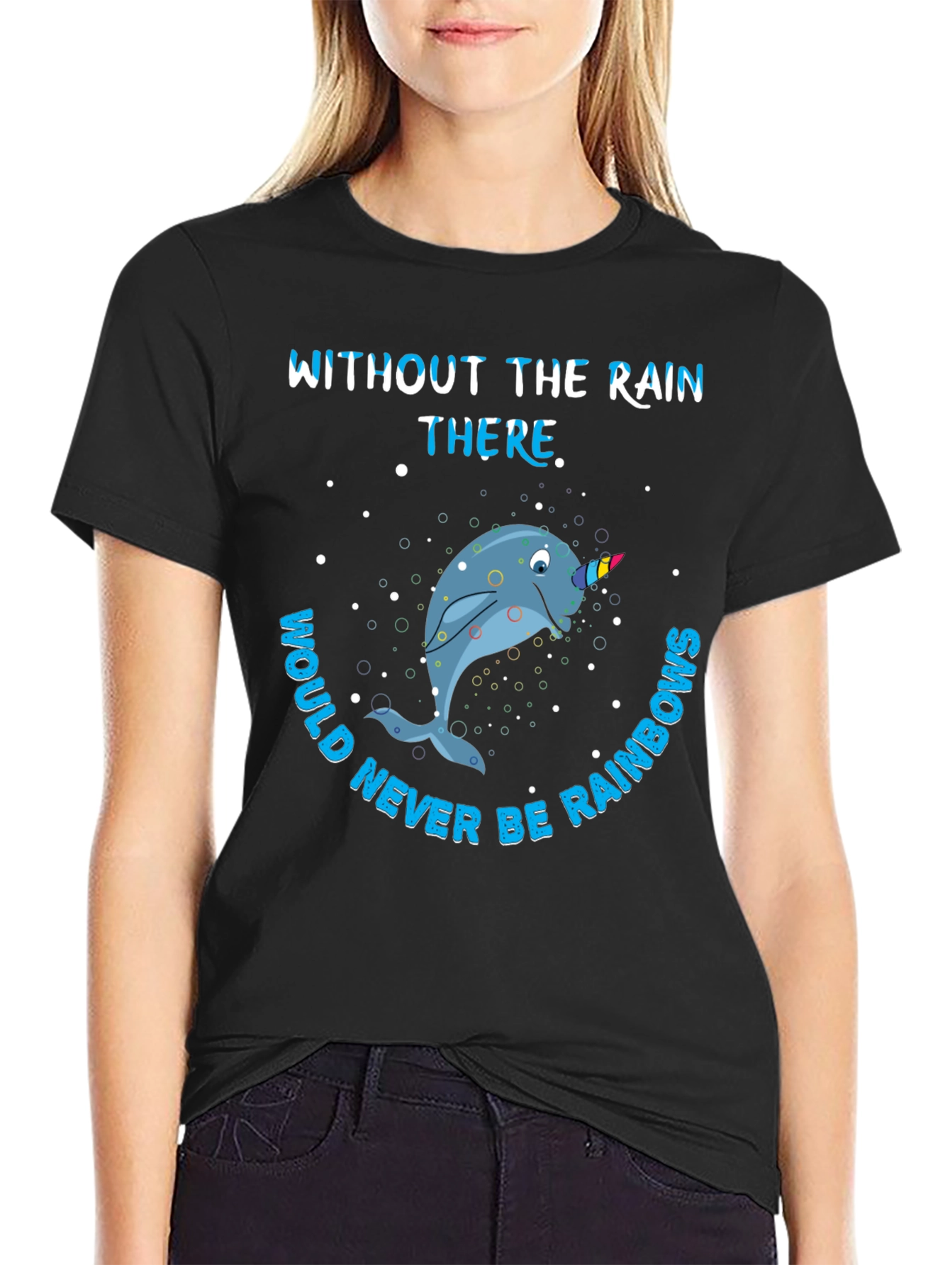 Black Narwhal Rainbows Graphic T-Shirt view 2