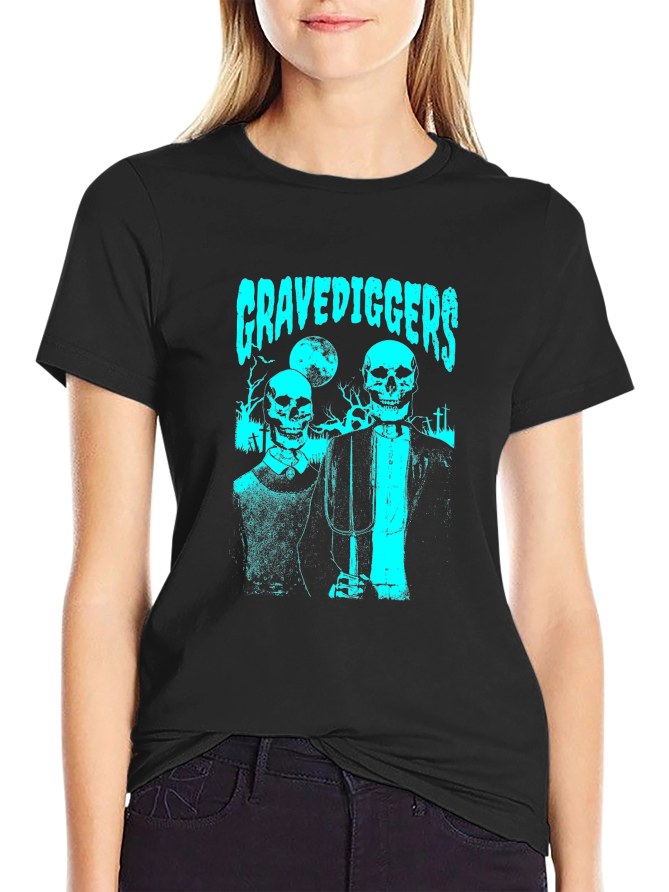 Black Gravediggers Skeleton Couple Graphic Black T-Shirt view 2