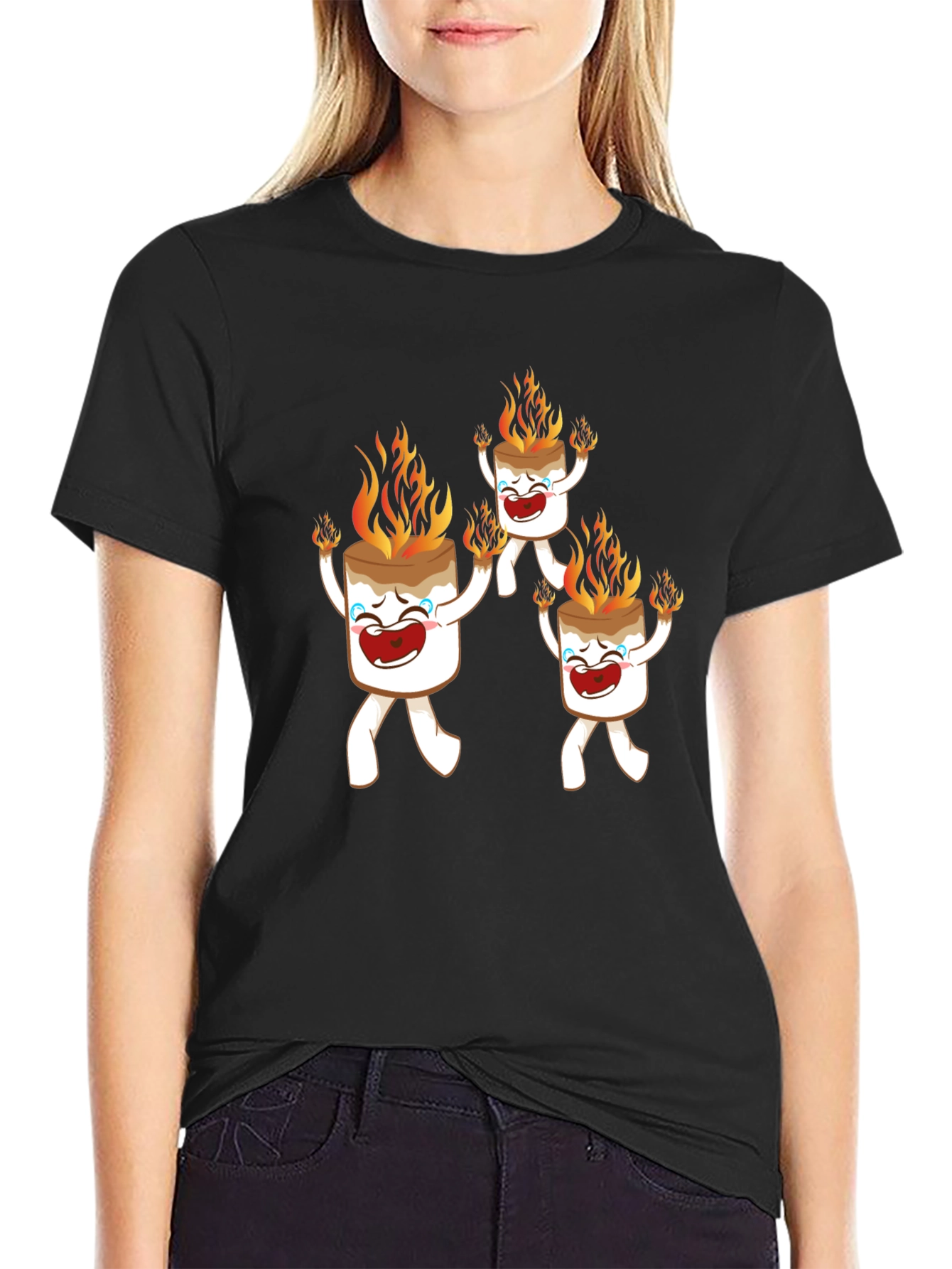 Black Burning Marshmallow Character Graphic Tee view 2