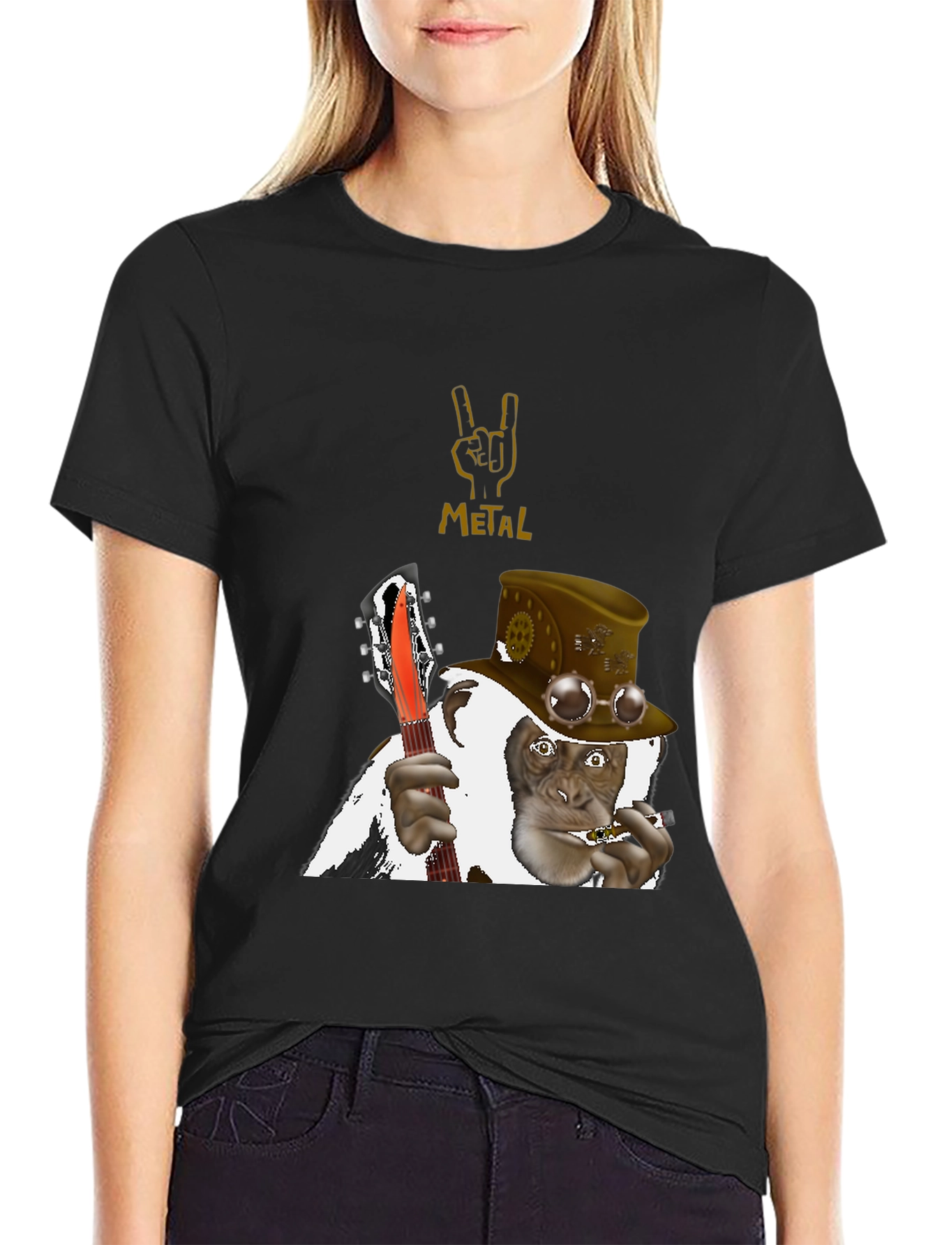 Black Steampunk Monkey Guitarist T-Shirt view 2