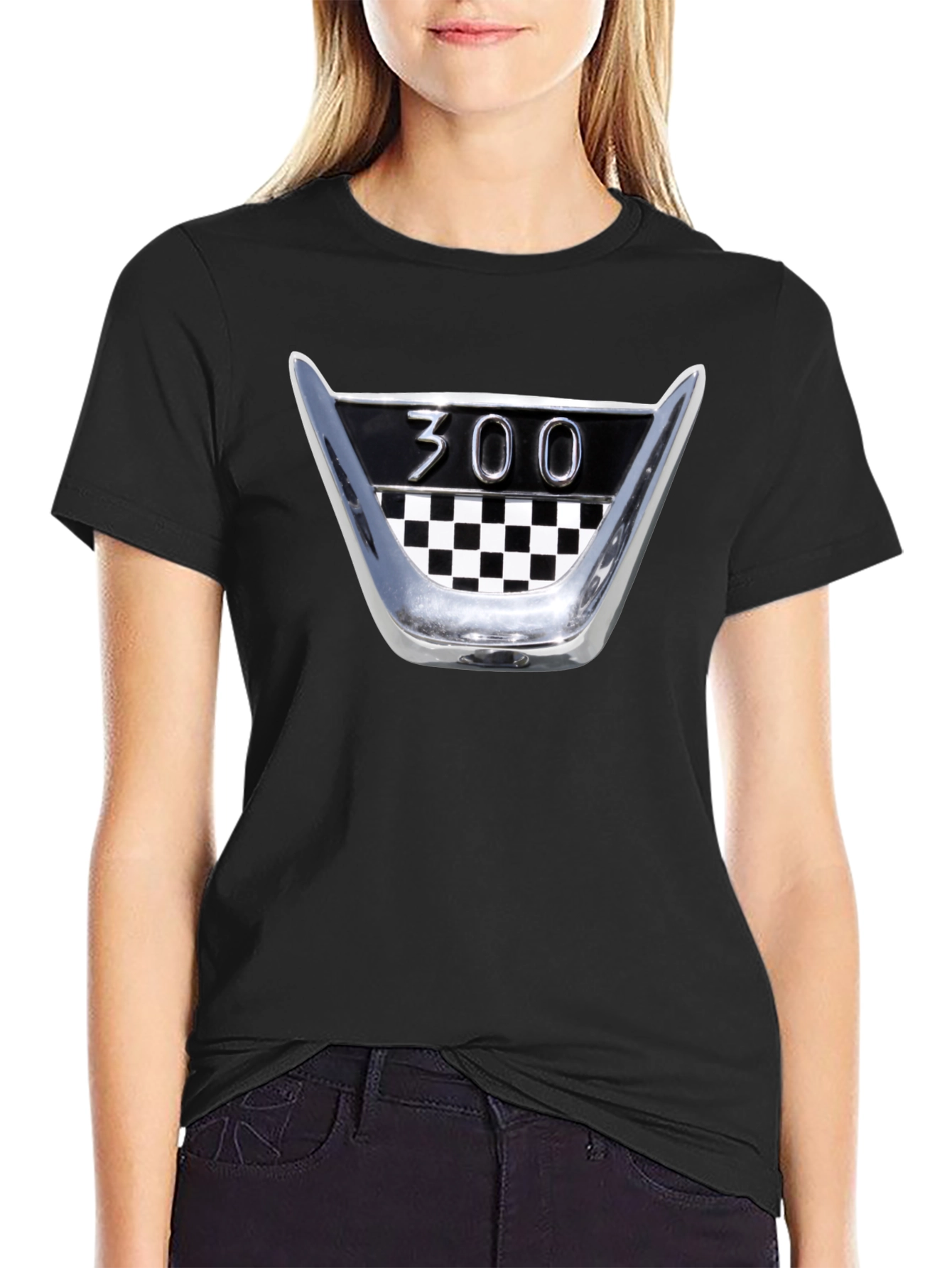 Black Retro 300 Checkerboard T-Shirt - Classic Car Fan Tee view 2
